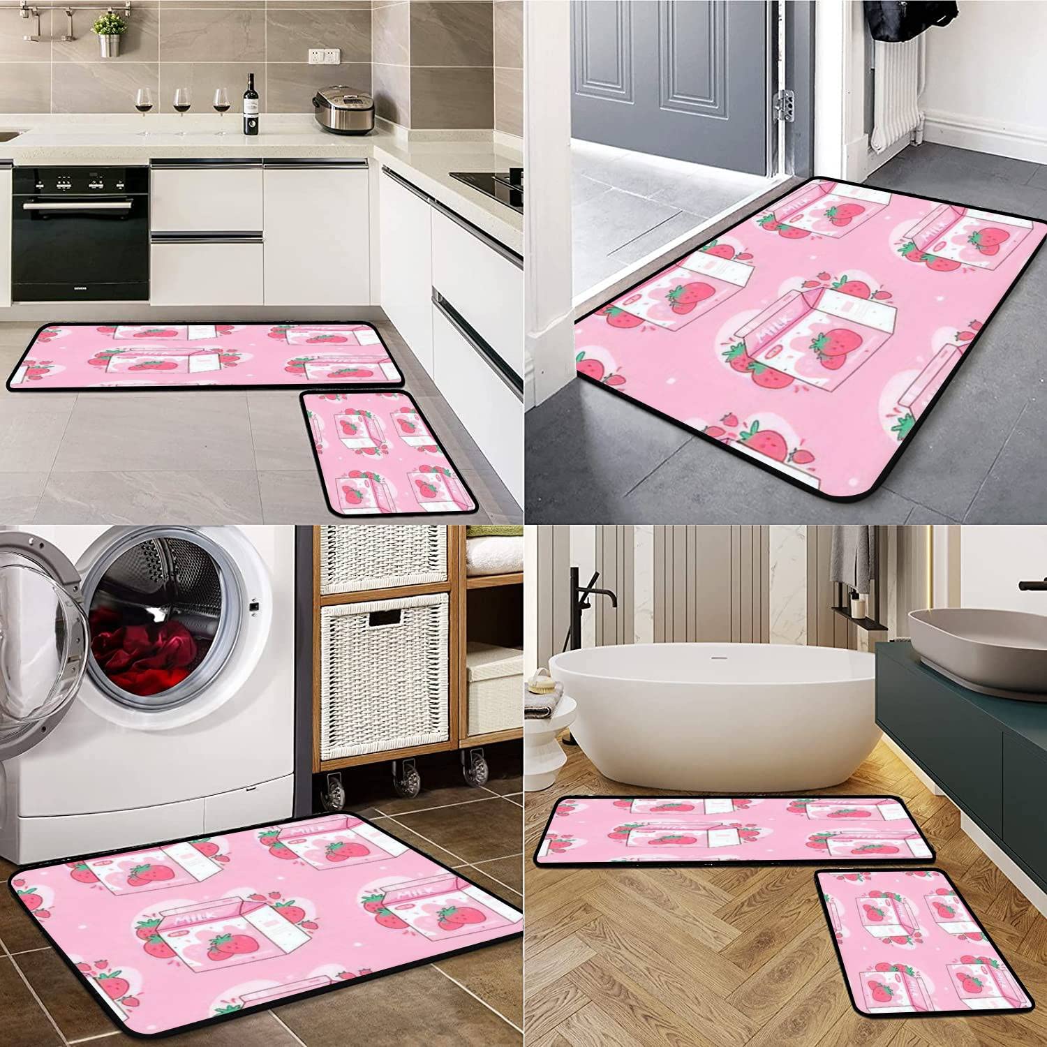 Non-Slip Washable Kitchen Rugs Set - Japanese Style Strawberry Milk Design, Anti-Fatigue Floor Mats for Kitchen, Bathroom & Entryway - Perfect for Home Decor and Comfortable Standing