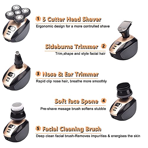 5-in-1 Rechargeable Electric Razor for Men - Bald Head Shaver with 5 Floating Heads, Beard Trimmer, Nose & Ear Hair Clipper - Perfect for Full Body Grooming, Travel & Daily Shaving Routine