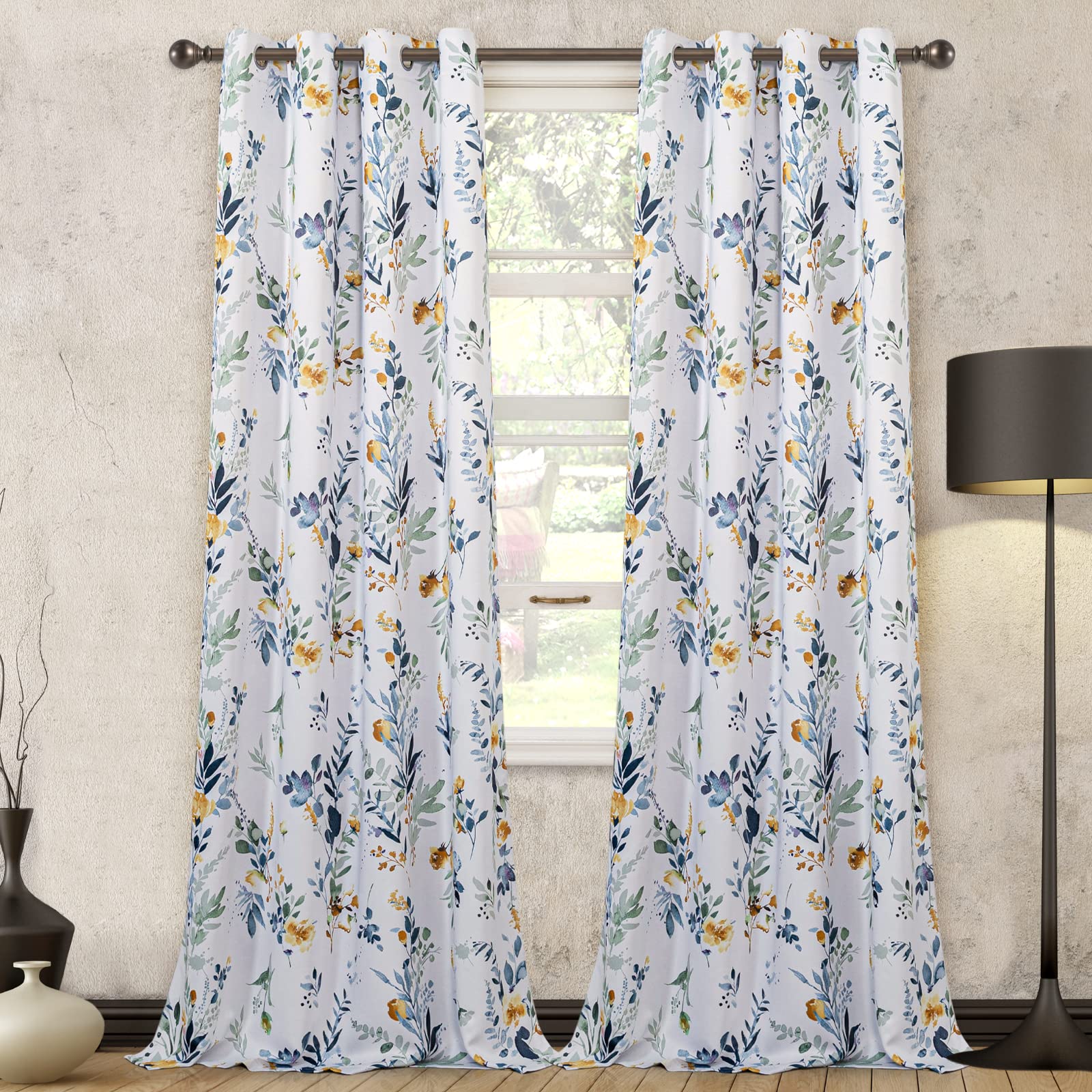 MYSKY HOME Floral Curtains 84 Inches Long - Room Darkening Thermal Insulated Light Blocking Drapes with Grommet Top for Living Room, Bedroom & Bathroom - 2 Panels Set in Yellow and Blue - Perfect for Privacy, Energy Saving & Home Decor