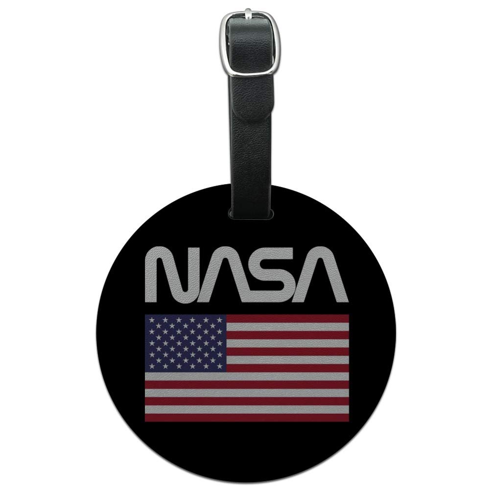 NASA Worm Logo Leather Luggage Tag - Round United States Flag Design ID Card Holder for Travel Bags & Suitcases - Perfect for Airports, Business Trips and Vacation Identification