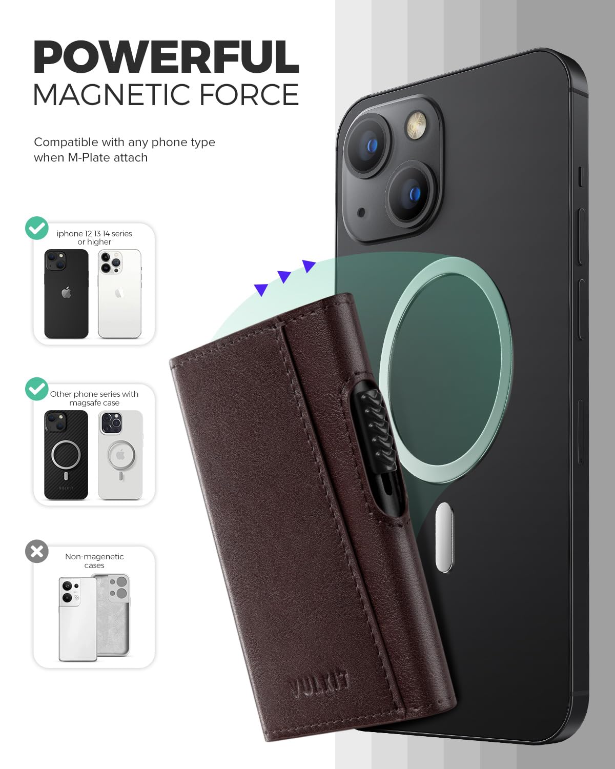 VULKIT Magnetic Wallet Card Holder - Slim Leather Pop Up Phone Case with NFC/RFID Blocking, Compatible with iPhone 16/15/14/13/12 Series (Espresso Brown) - Perfect for Everyday Use, Travel & Contactless Payments