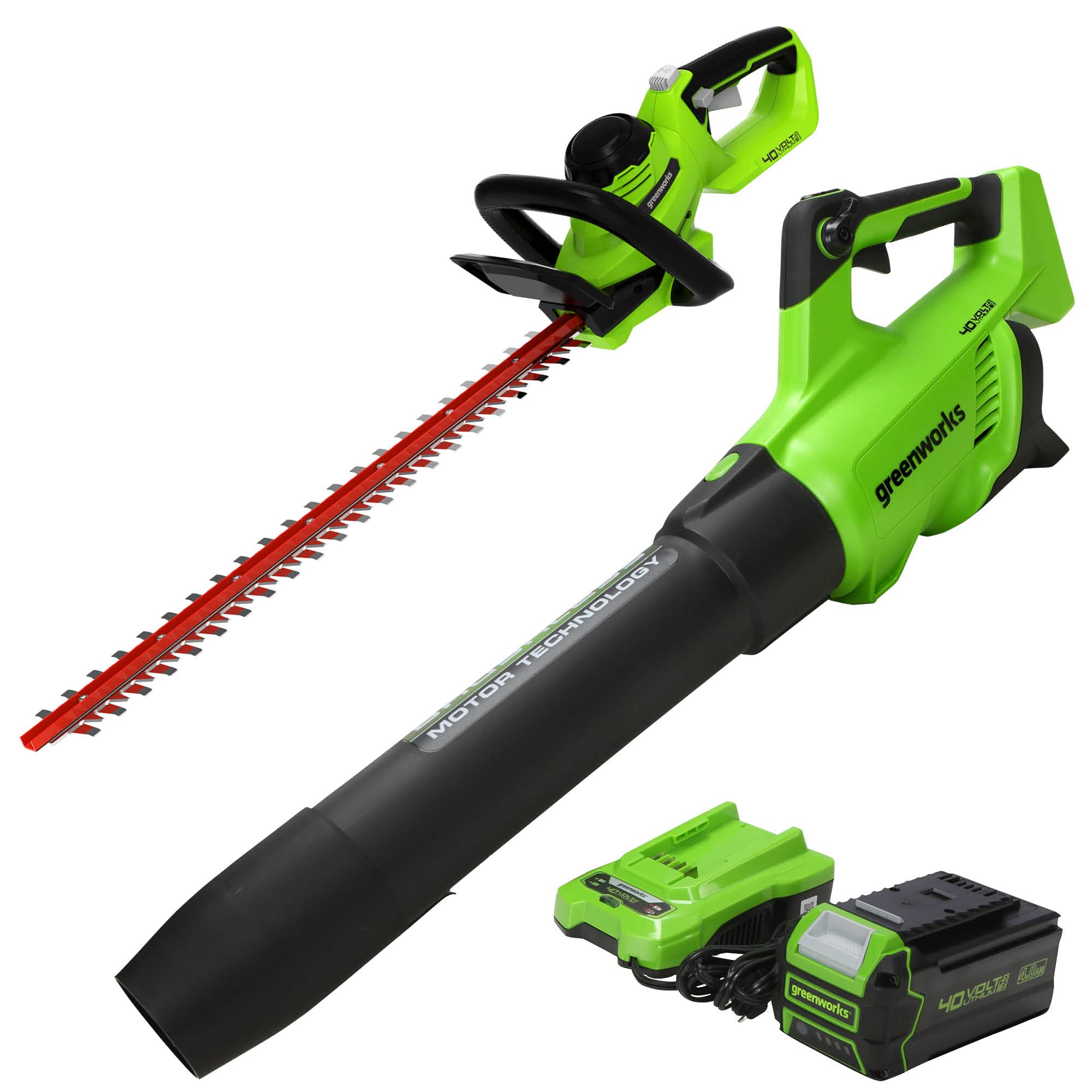 GreenWorks 40V Brushless Axial Leaf Blower (550 CFM / 130 MPH) with 4Ah Battery & USB Charger - Includes 40V Hedge Trimmer - Perfect for Yard Cleaning, Leaf Removal, and Garden Maintenance
