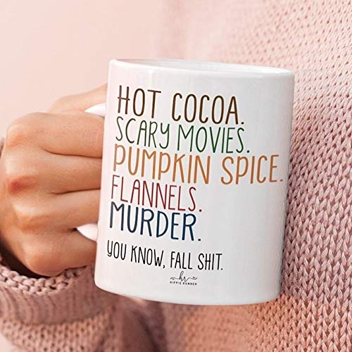 11 oz Halloween Themed Mug - Hot Cocoa, Scary Movies, Pumpkin Spice & Flannels Design - Perfect for Cozy Autumn Nights & Murder Mystery Parties