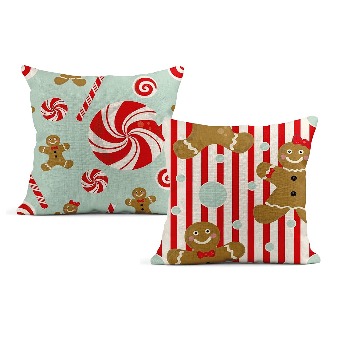 Set of 2 Linen Throw Pillow Covers 20x20 Inch - Christmas Candy Cane & Gingerbread Man Holiday Decor - Square Cushion Covers for Sofa, Bed, Living Room - Cozy Home Accent for Winter Season