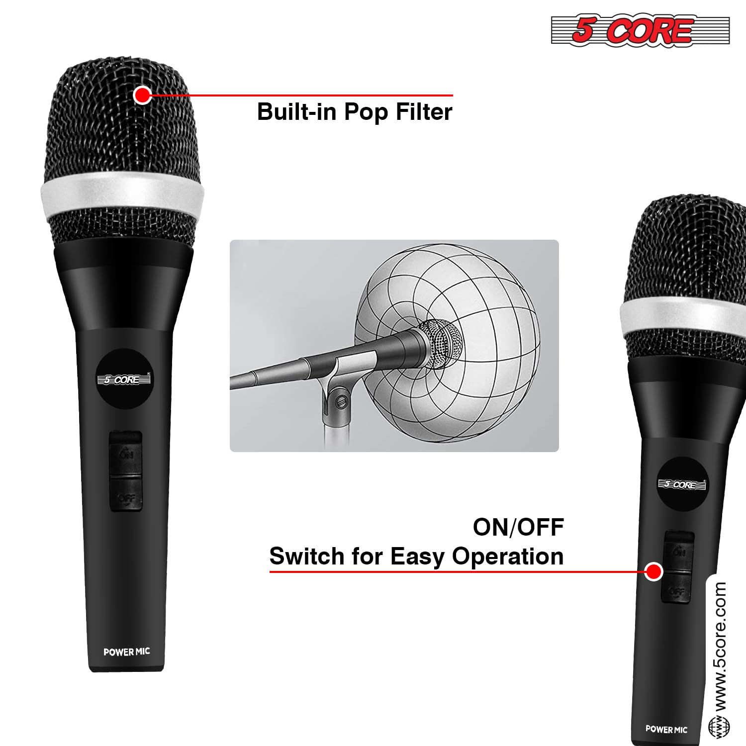 5 Core Professional Karaoke Microphone - Dynamic Handheld Mic with Cardioid Unidirectional Pickup, On/Off Switch, XLR Audio Cable & Mic Holder - Perfect for Home Singing, Live Performances & Studio Recording (5C-Power)