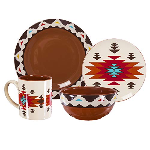 HiEnd Accents Del Sol Aztec 16-Piece Ceramic Dinnerware Set - Plates, Bowls & Mugs - Southwestern Rustic Cabin Lodge Style - Perfect for Dining, Entertaining & Cabin Decor