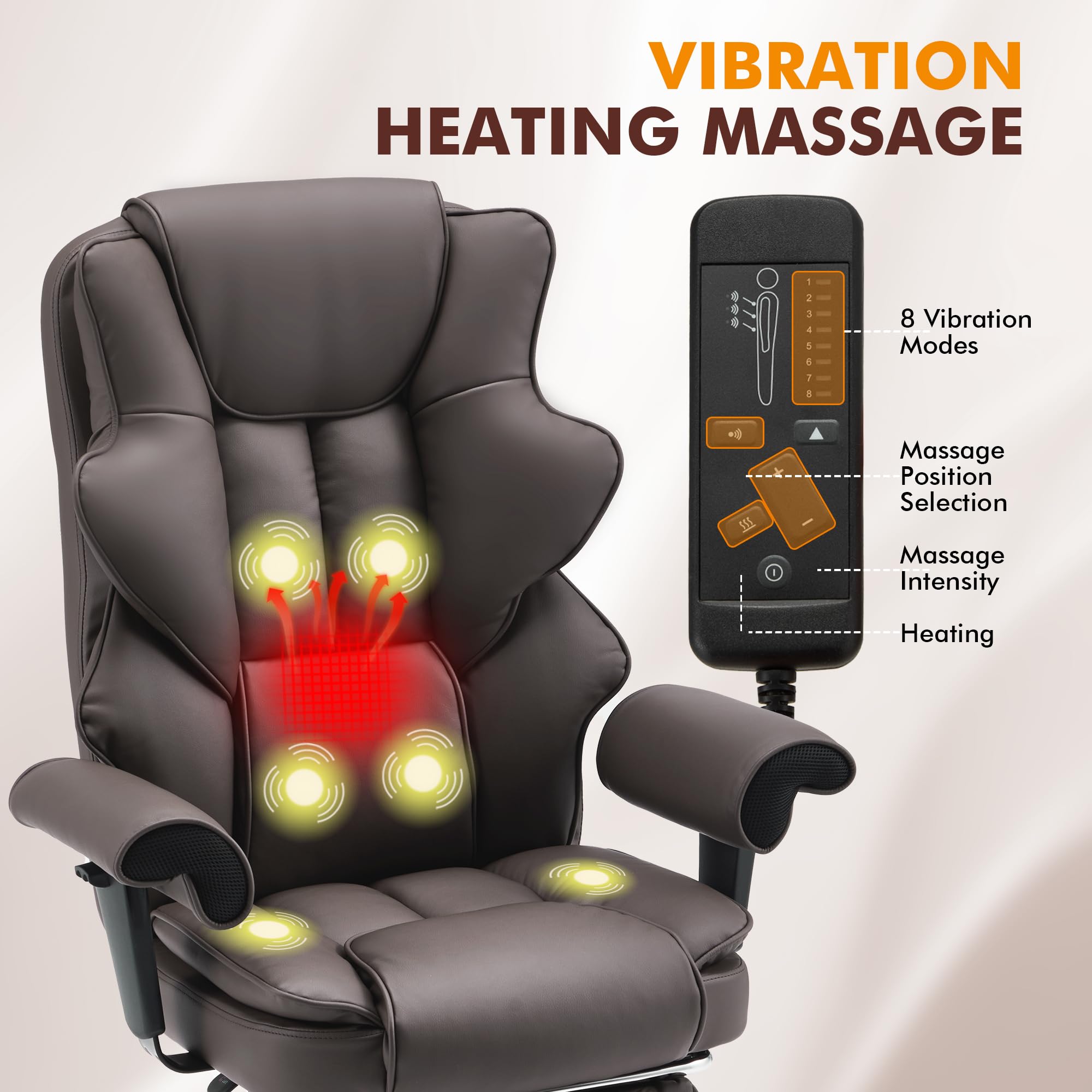 HOMREST 6-Point Massage Executive Office Chair with Heating - Ergonomic Leather Computer Desk Chair, Adjustable Armrests, Retractable Footrest & Reclining Function (Chocolate Brown) - Perfect for Home Office, Gaming & Workspace Comfort