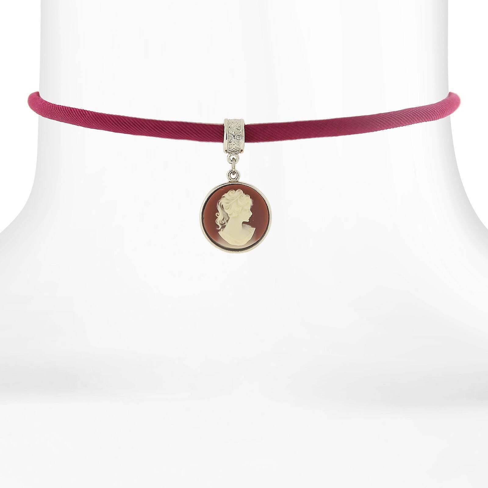Vintage 1928 Jewelry Carnelian Red Cameo Pendant with Purple Bengaline Choker Necklace - 12
