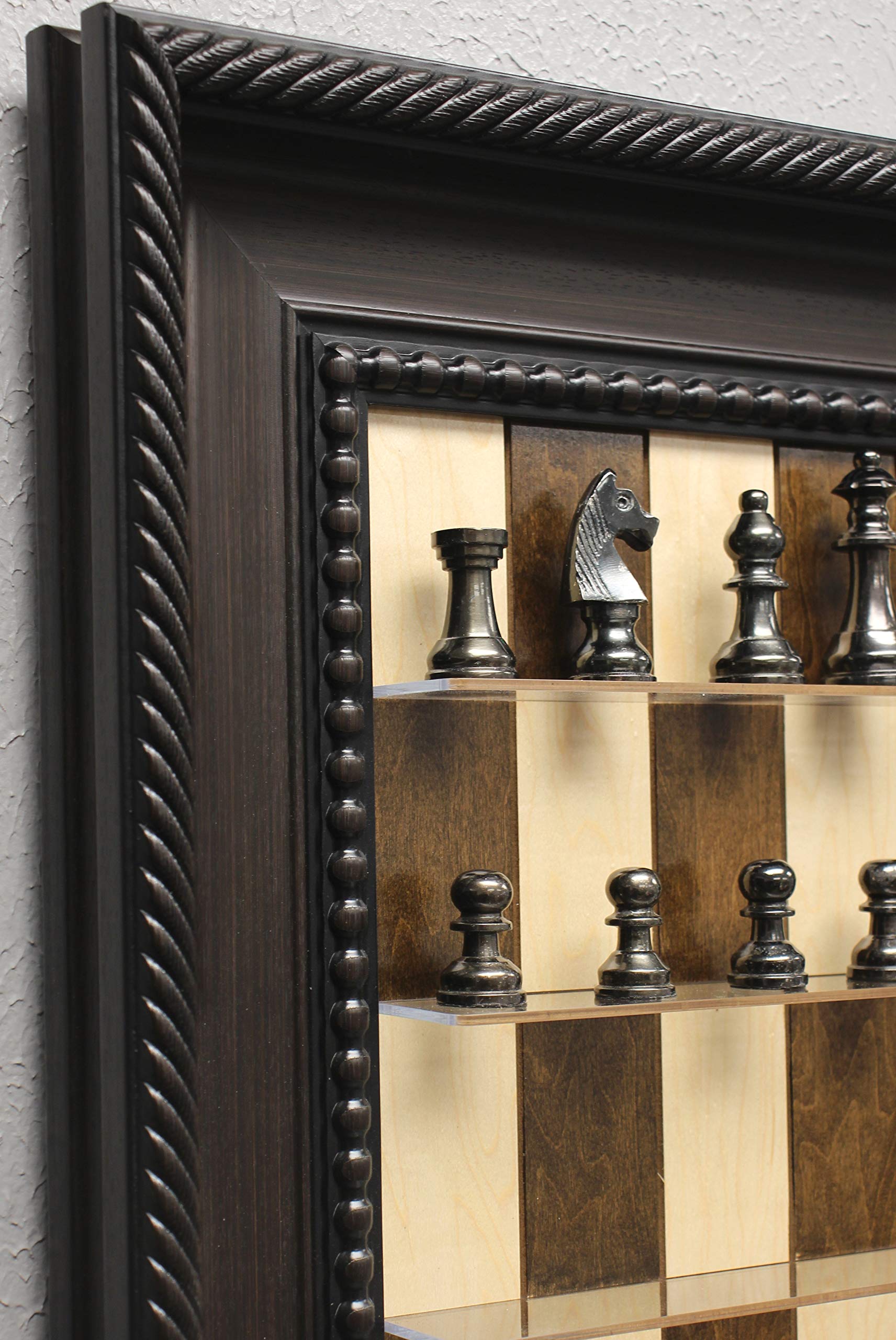 Premium Metal Chess Pieces Set with Vertical Wall-Mounted Maple Chess Board - Traditional Brown Frame for Home, Office & Game Room Decor | Classic Straight Up Chess Set for Indoor & Outdoor Play