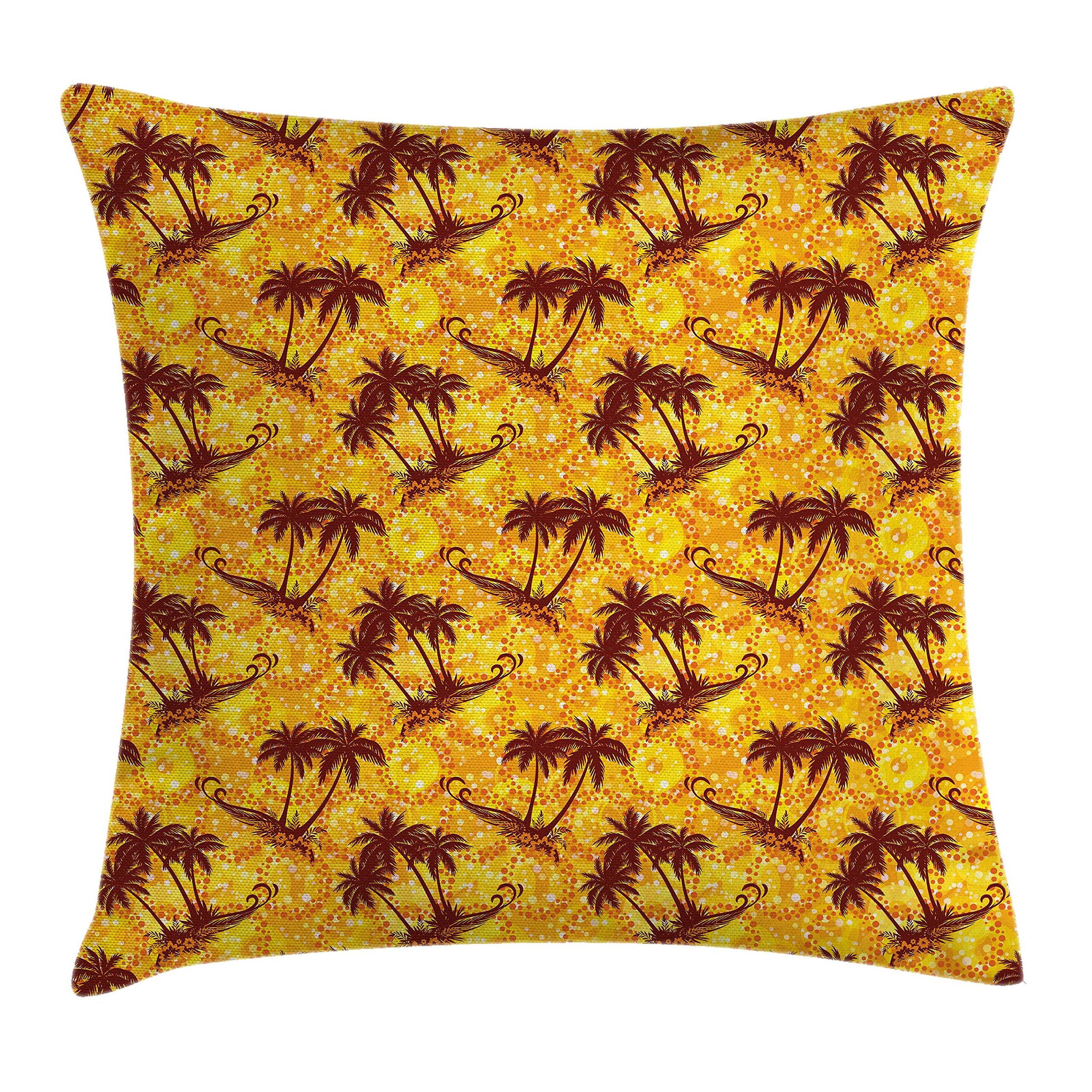 Ambesonne Hawaiian Throw Pillow Cover 36x36 Inches - Tropical Ocean Sea Island Design with Palm Trees on Vibrant Circle Backdrop, Decorative Square Accent Pillow Case in Marigold & Brown - Perfect for Beach House, Living Room, or Outdoor Patio Decor