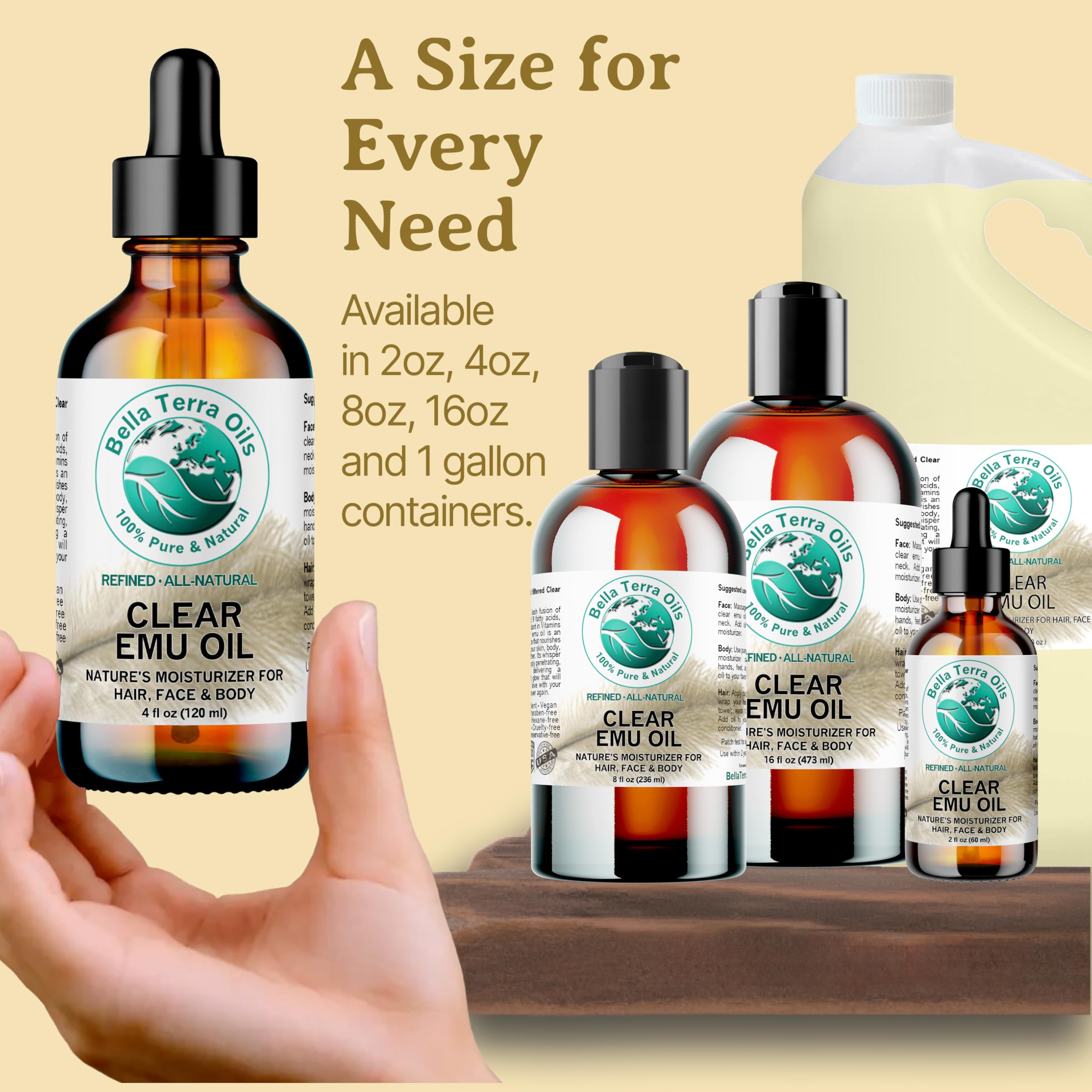**Bella Terra Oils Pure Emu Oil for Hair Growth, Skin Moisturizing & Nail Care – 1 Gallon, Non-Greasy, Fast Absorbing – Ideal for Dry Skin, Hair Repair & Cuticle Treatment**