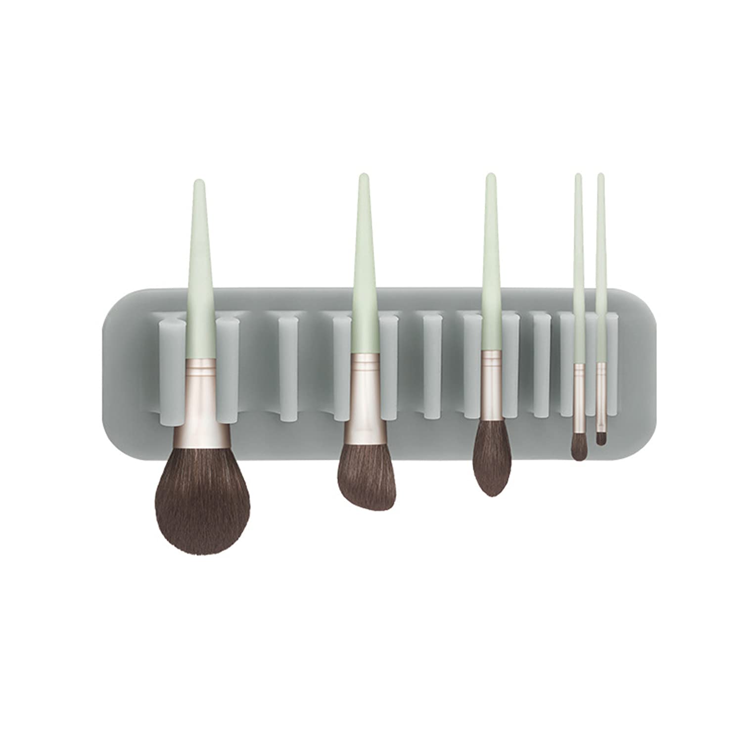 Wall Mounted Silicone Makeup Brush Holder & Toothbrush Organizer - 11 Hole Drying Rack for Bathroom Counter, Vanity & Shower - Space Saving Grey Brush Storage Solution for Makeup Artists & Home Use