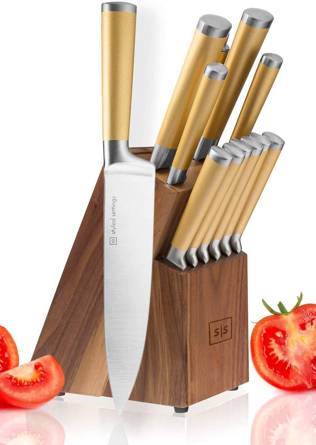 13-Piece Gold Stainless Steel Knife Set with Walnut Knife Block - Full Tang Kitchen Knives for Professional Chefs & Home Cooking - Perfect for Slicing, Dicing & Food Prep