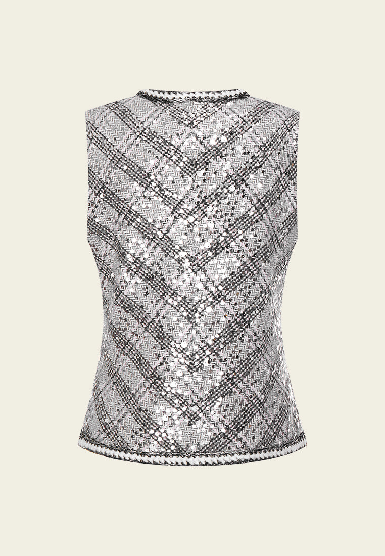 Argyle Plaid Sequin Tweed Vest for Women - Elegant Fashion Jacket with Sparkle Details | Perfect for Parties, Weddings & Holiday Outfits