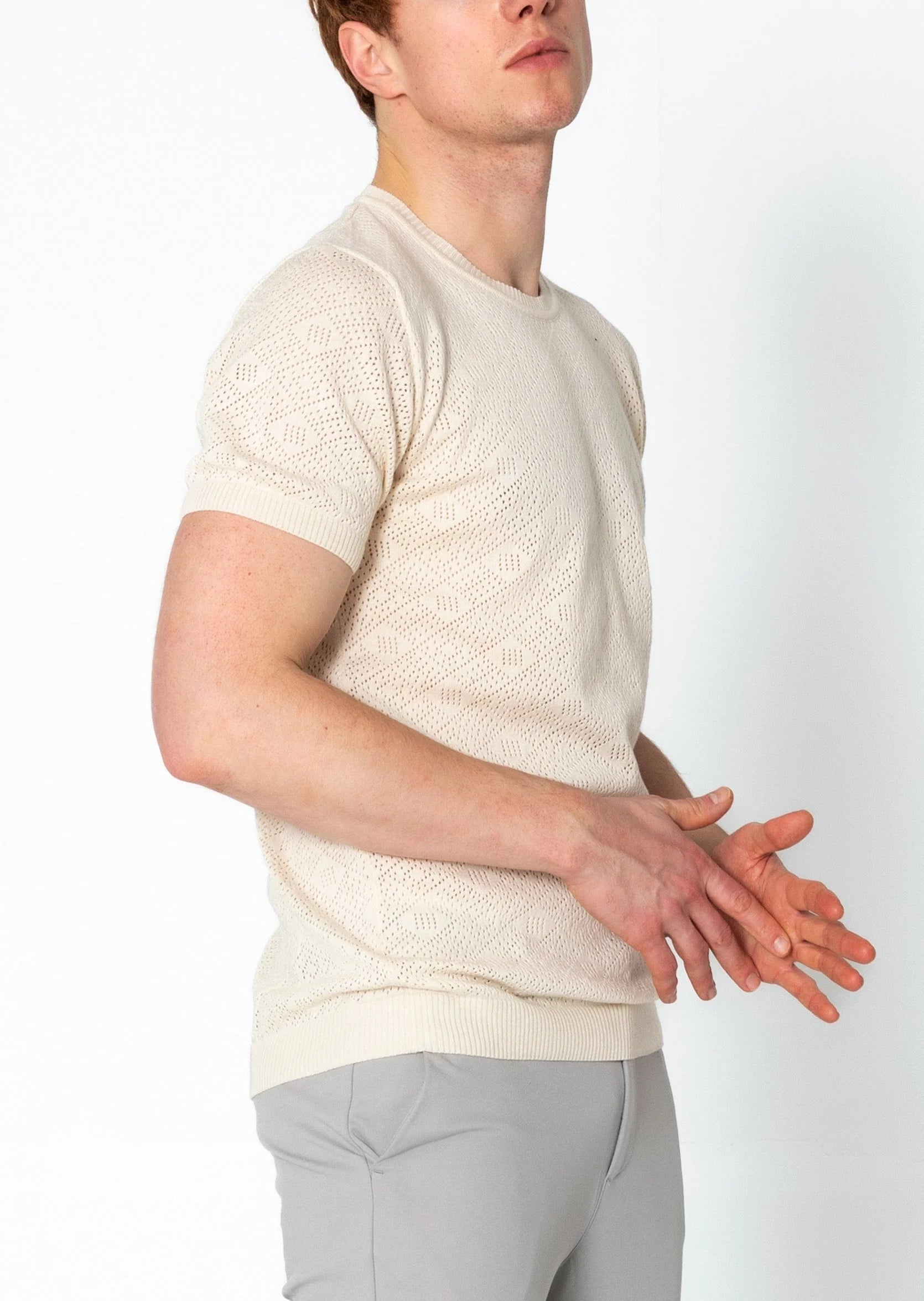 RNT23 Geometric Crochet T-Shirt in Beige - Stylish Boho Top for Women, Perfect for Casual Outings & Summer Fashion
