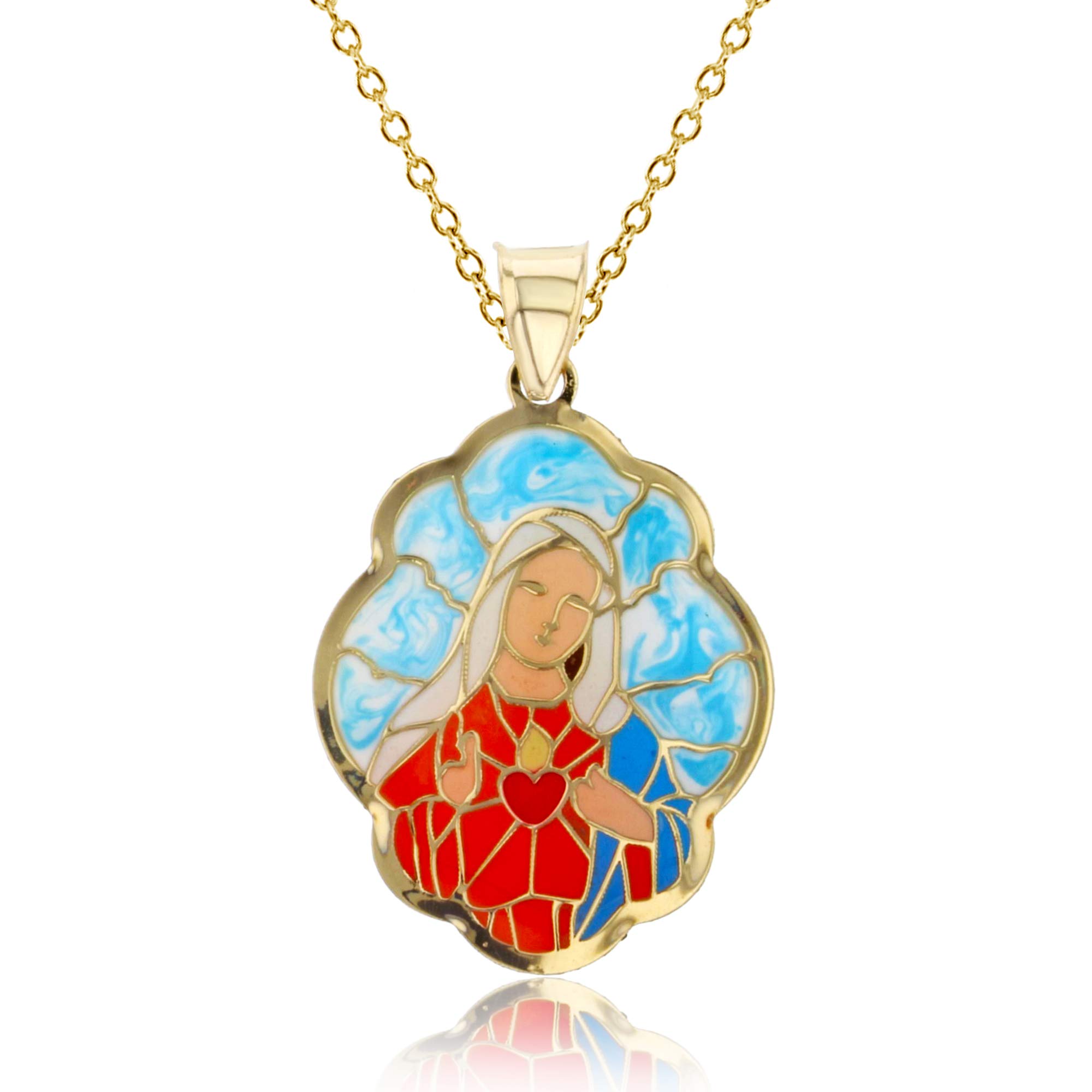 14K Yellow Gold Solid Enamel Virgin Mary Pendant Necklace for Women - 18