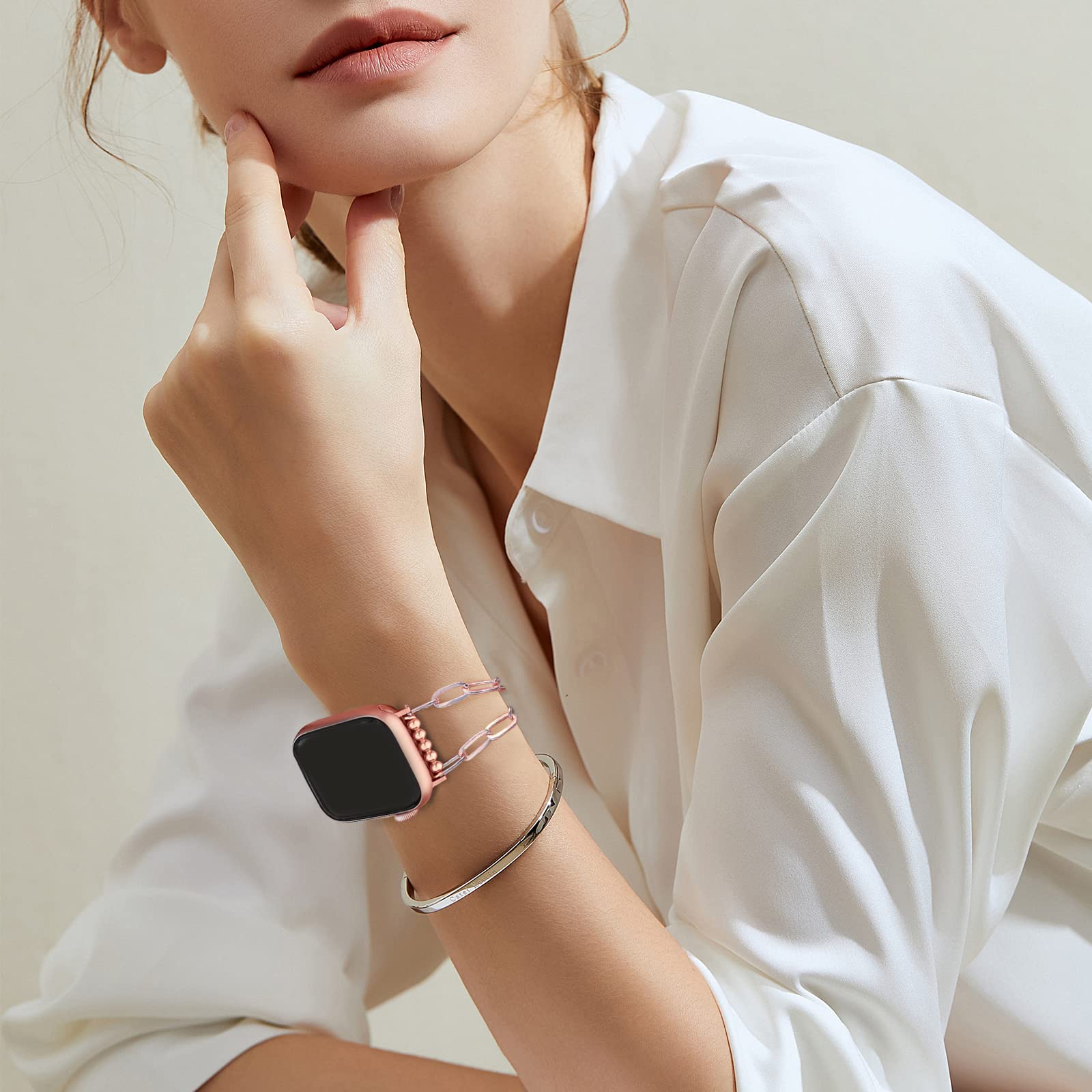 MORWLAT Slim Metal Bracelet Compatible with Apple Watch 42mm 44mm 45mm - Rose Gold Jewelry Band for Women, Series 7/SE/6/5/4/3/2/1 - Perfect for Work, Parties & Everyday Wear