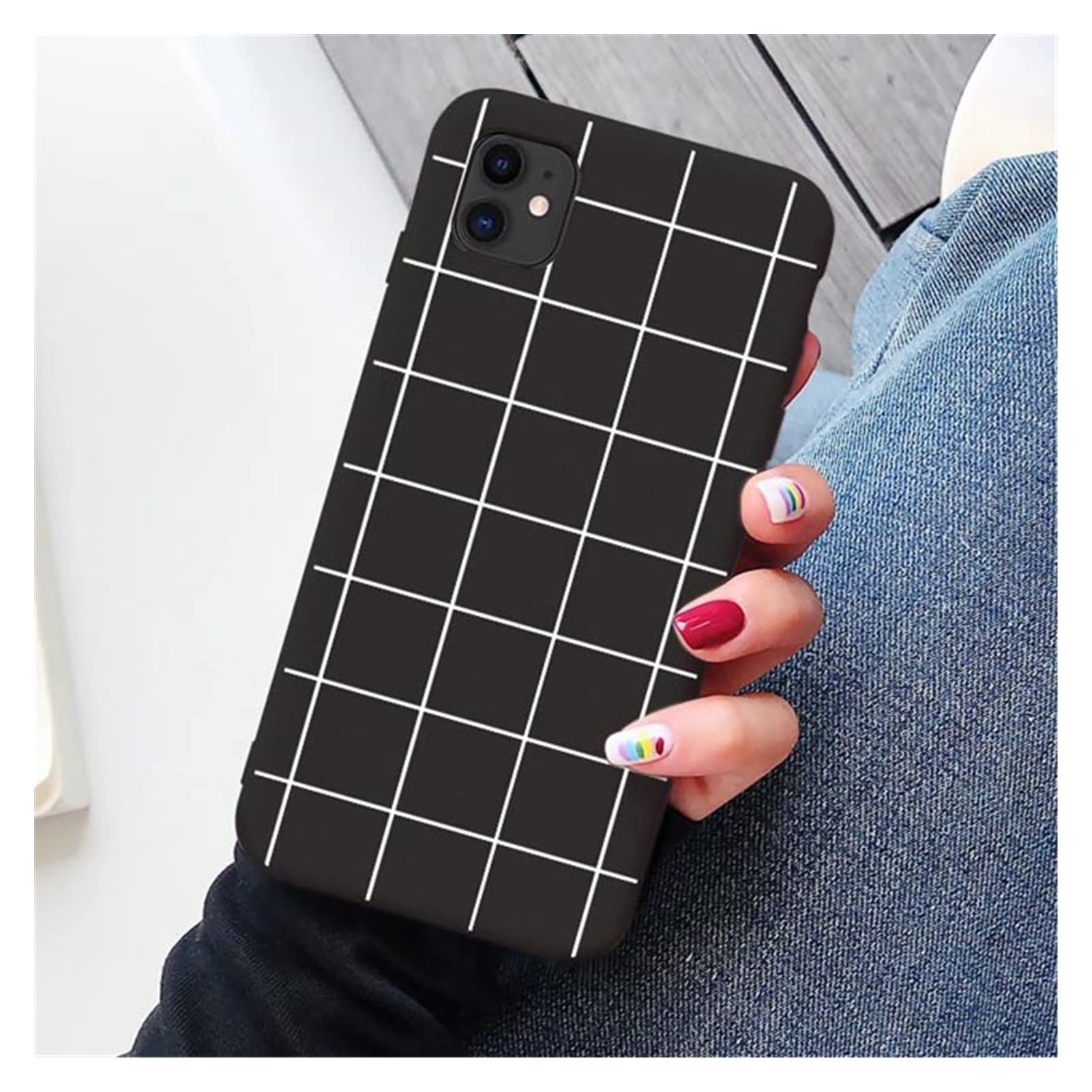 NSADE Cartoon Grid iPhone Case for iPhone 7/8/XR/X/XS Max/12/11/13 Pro Max/SE 2020/13 Mini - Classic Plaid Protective Phone Cover (Black) - Durable & Stylish for Daily Use, Work, and Travel