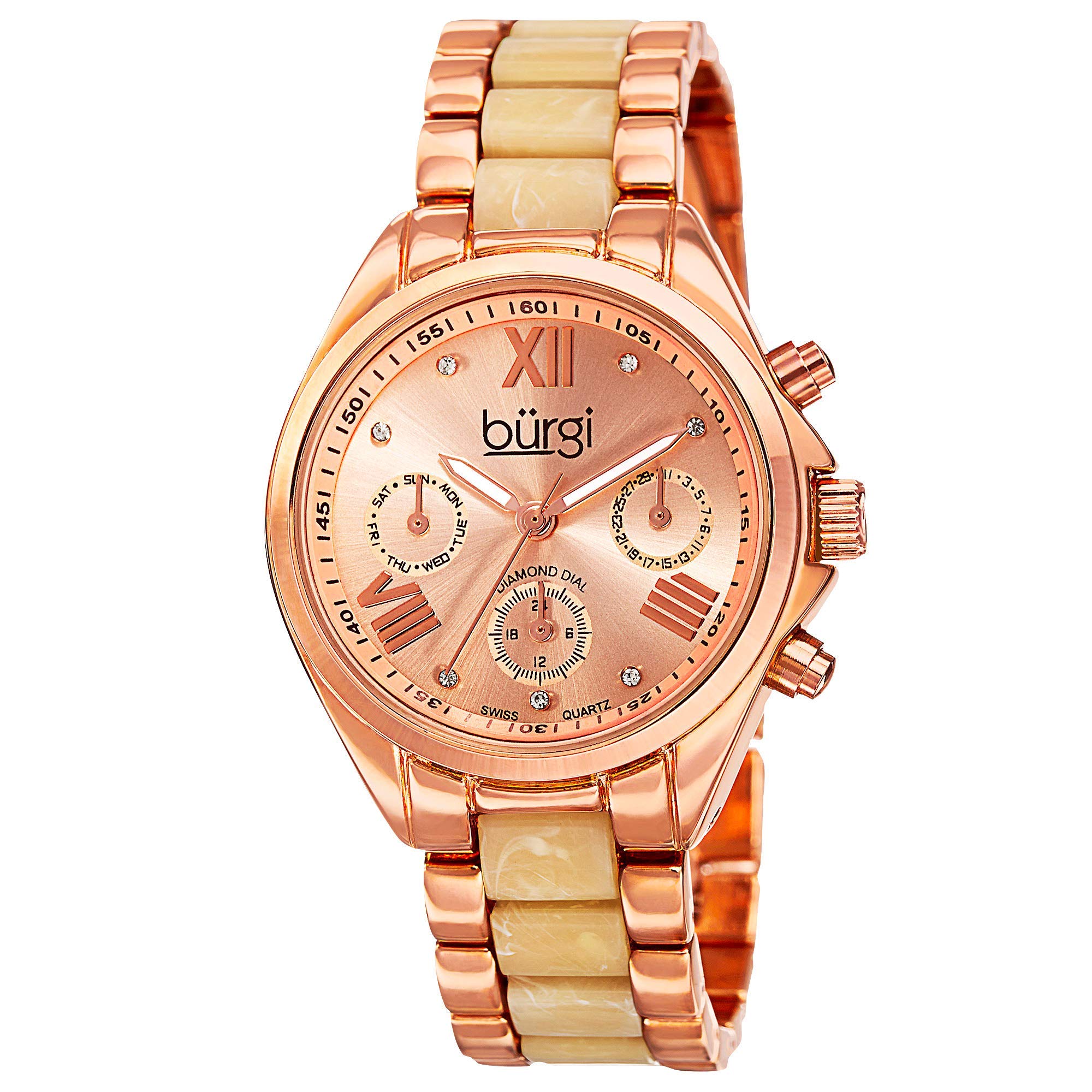Burgi Women's Diamond Watch with 3 Subdials & 7 Genuine Diamonds - Sunray Dial Stainless Steel Resin Bracelet - Elegant Dress Watch for Business, Party & Special Occasions - BUR130
