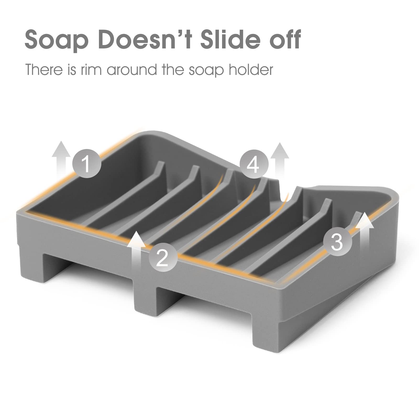 2 Pack Self Draining Soap Dish with Anti-Slip Design, Silicone Bar Soap Holder for Shower & Bathroom - Waterfall Drain, Sponge Tray for Kitchen Sink - Perfect for Bath, Shower, Kitchen & Travel Accessories (Gray)