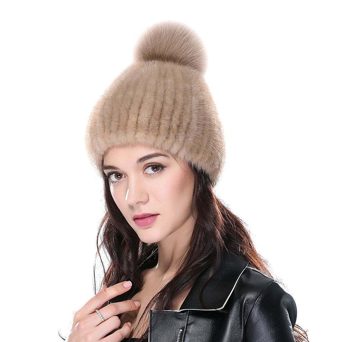 URSFUR Women's Knit Mink Beanie Hat with Fox Fur Pom Pom - Soft Winter Hat in Multiple Colors for Cold Weather, Outdoor Activities & Fashion Accessory