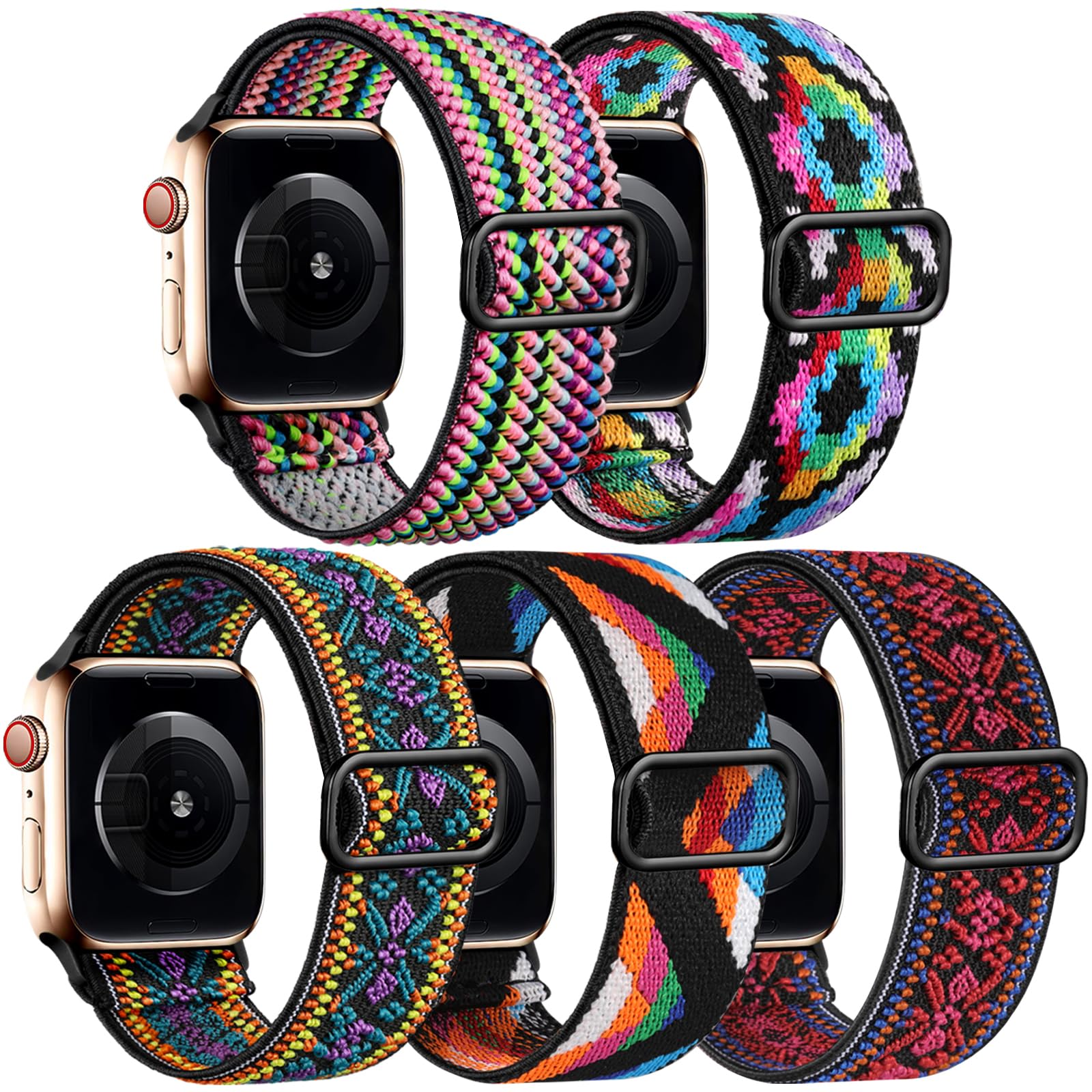 5 Pack Stretchable Braided Nylon Bands for Apple Watch 38mm 40mm 41mm 42mm 44mm 45mm 49mm - Compatible with iWatch SE Series 8 7 6 5 4 3 2 1 & Ultra Solo Loop - Soft Elastic Replacement Wristbands for Women & Men - Perfect for Workouts, Running, Yoga & Everyday Wear