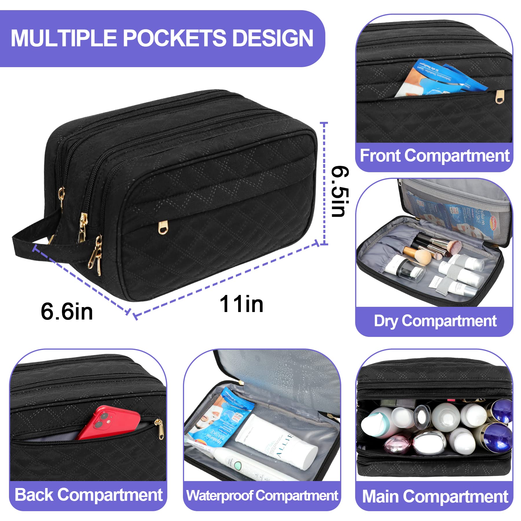 Hanging Travel Toiletry Bag - Large Cosmetic Organizer for Full-Sized Toiletries & Makeup | Waterproof & Multi-Pocket Design (Black) | Perfect for Vacation, Gym, Business Trips & Daily Use