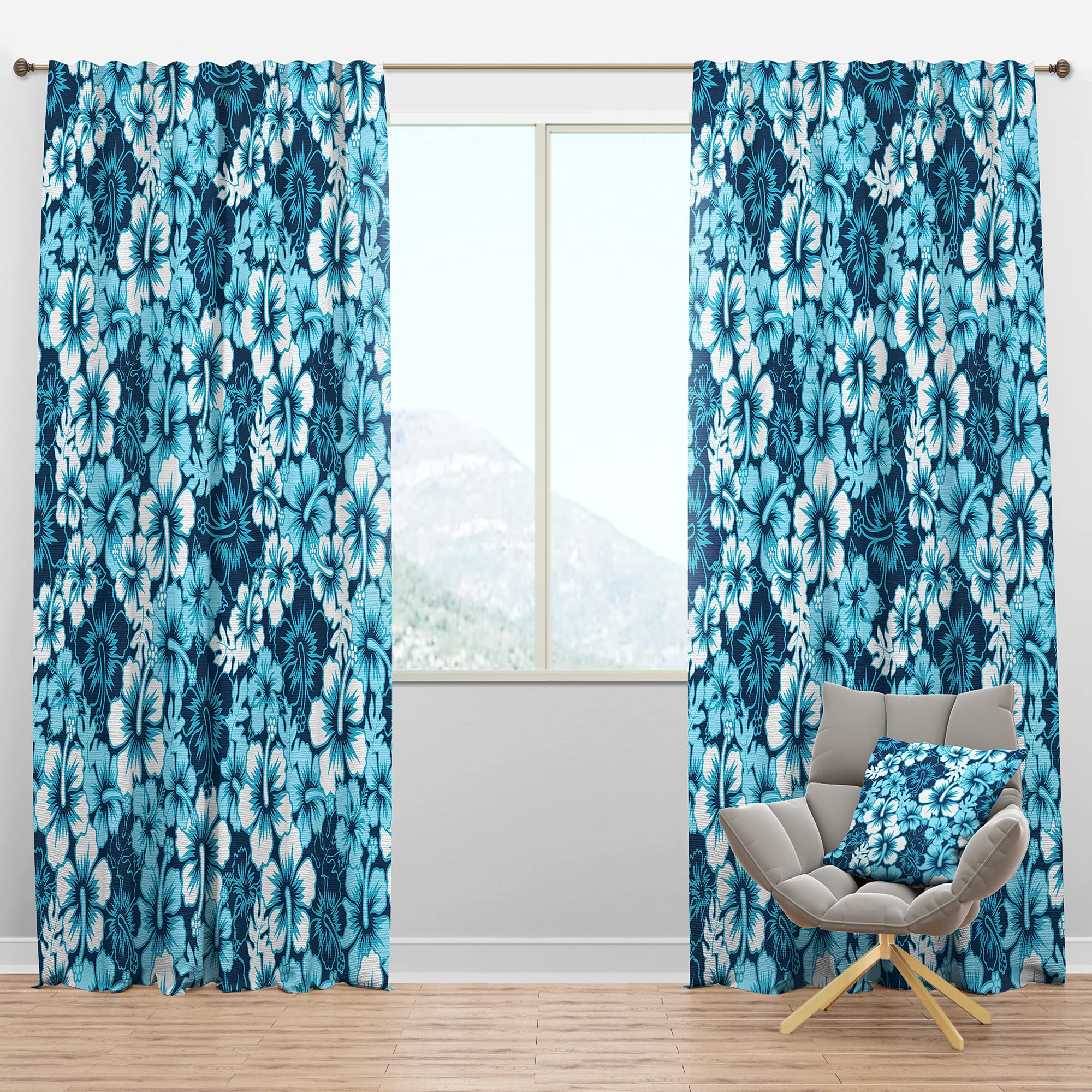 DesignQ Blackout Curtains - Thermal Insulated Single Panel (52x120 Inches) - Indigo Hawaiian Flower Print for Bedroom & Living Room - Perfect for Light Blocking, Privacy & Temperature Control