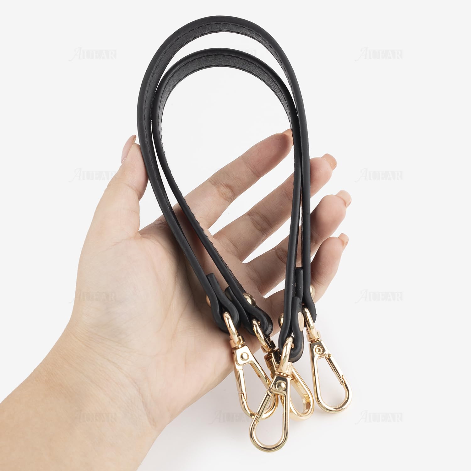 AUEAR 2 Pack Black Leather Replacement Straps for Small Handbags & Purses - Adjustable Shoulder Strap with Gold Lock Clasp - Perfect for Evening Bags, Crossbody Bags & Fashion Accessories