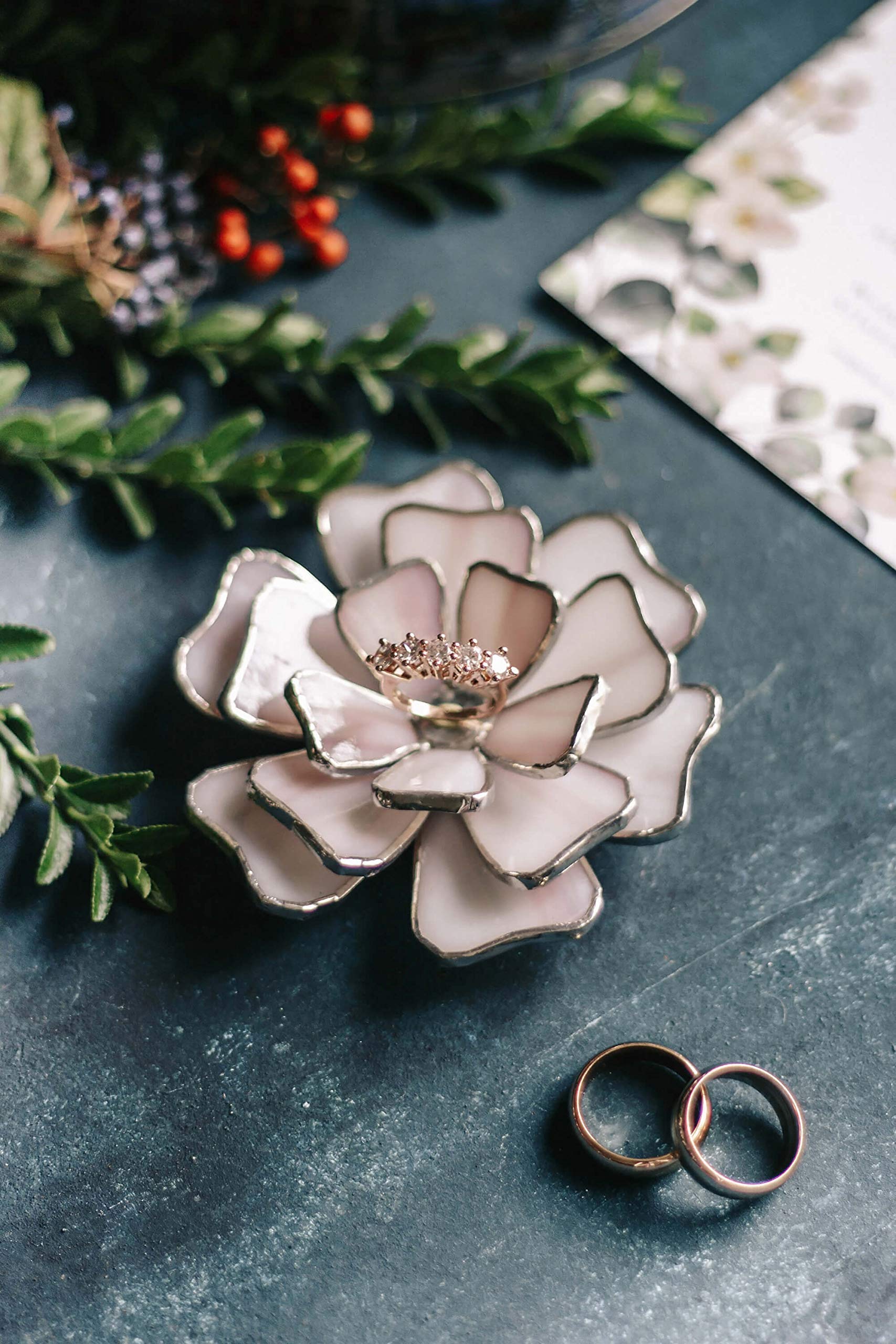 Elegant Glass Flower Ring Holder - Jewelry Organizer for Wedding, Engagement & Proposal Rings | Unique Ring Bearer Pillow Alternative | Perfect Anniversary & Valentine's Day Gift (Lilac & Off-White) | Great for Bedroom Dresser, Bathroom Counter & Bridal Shower Decor