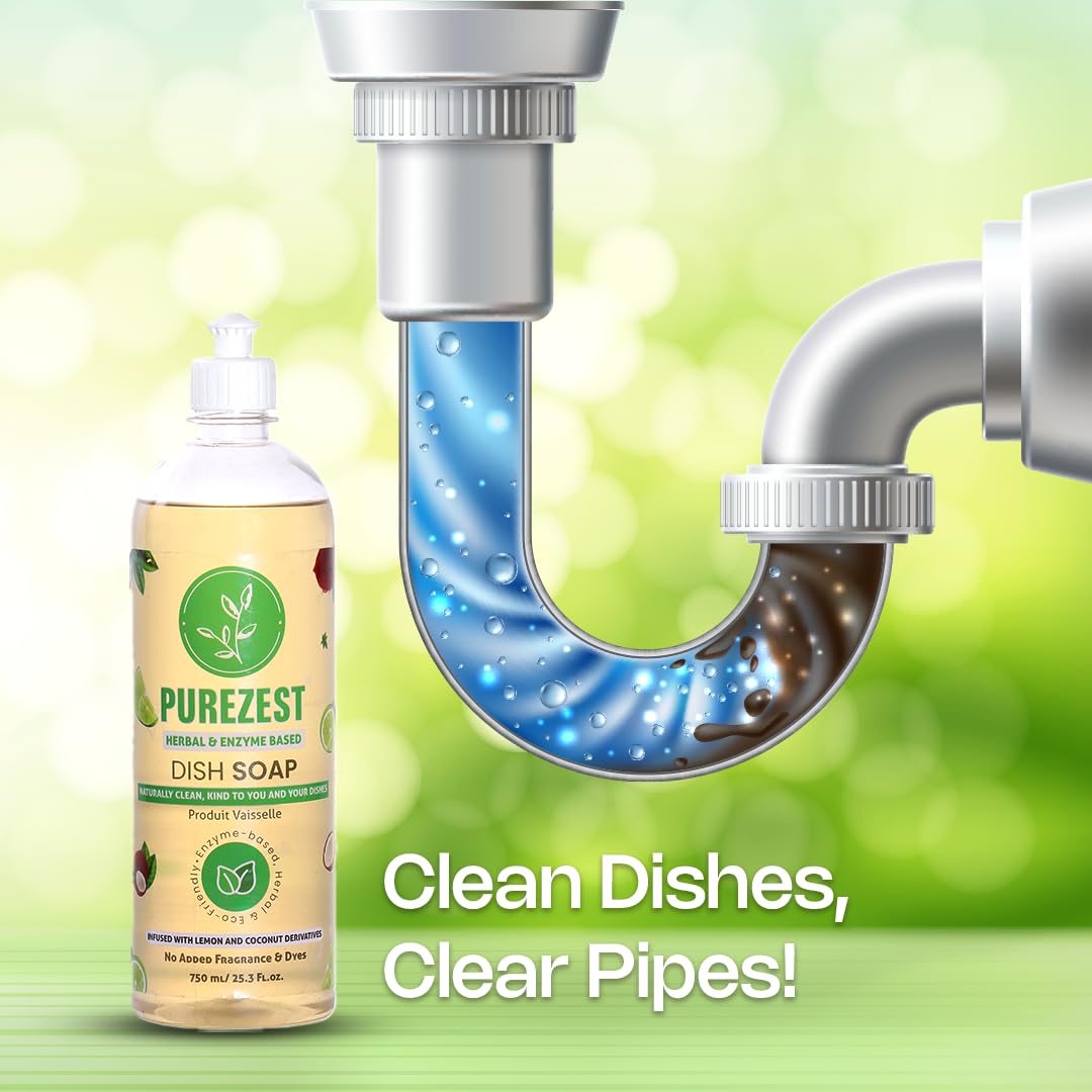 PUREZEST Herbal & Enzyme Based Dish Liquid 750ml | Plant-Based Natural Eco-Friendly Dishwashing Liquid with Lemon Oil | Tough Grease Remover | Gentle on Hands | Perfect for Kitchen, Camping & RV Use
