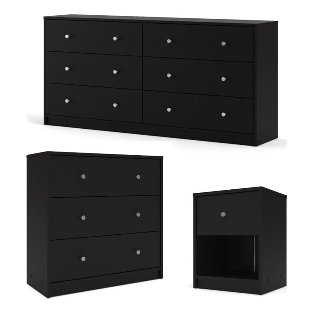 Scandinavian Modern 3-Piece Bedroom Set - Engineered Wood Dresser, Nightstand & Chest with Pewter Handles | Black Finish | Space-Saving Storage Solution for Small Bedrooms & Apartments