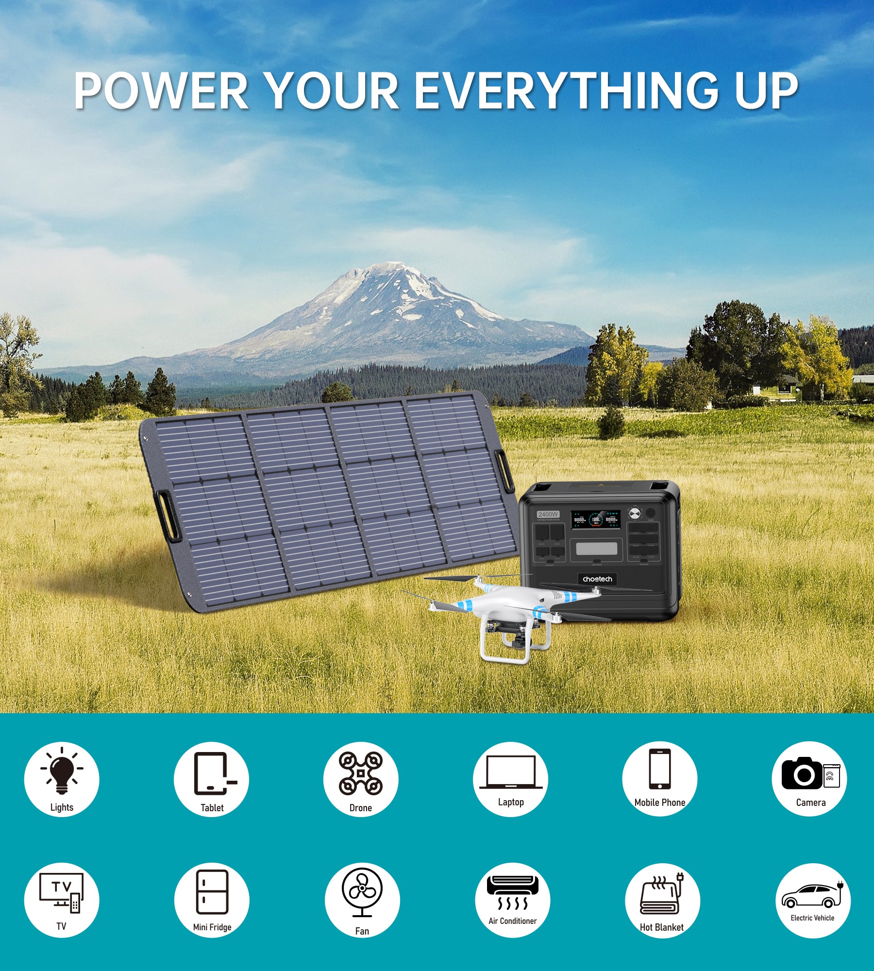 2400W Portable Power Station with 2048Wh LiFePO4 Battery - Solar Generator for Camping, RV, Home Backup & Emergency Power Supply - UPS Function Included