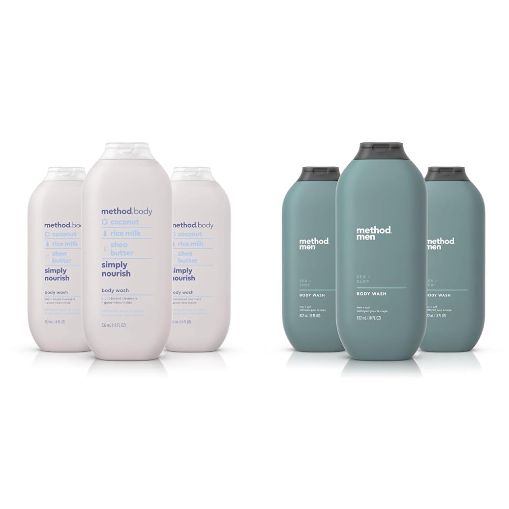 Method Simply Nourish Body Wash - Paraben & Phthalate Free, 18 oz (3-Pack) | Men's Sea + Surf Body Wash - Softening, Paraben & Phthalate Free, 18 FL Oz (3-Pack) - For Daily Shower, Gym & Travel Use