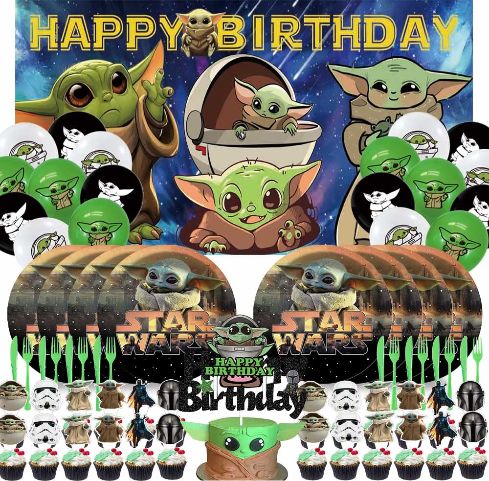 Baby Yoda Party Supplies Set - 16pc Dinner Plates, Decorations, Backdrop, Balloons & Cake Topper for Star Wars Themed Birthday Party Decor
