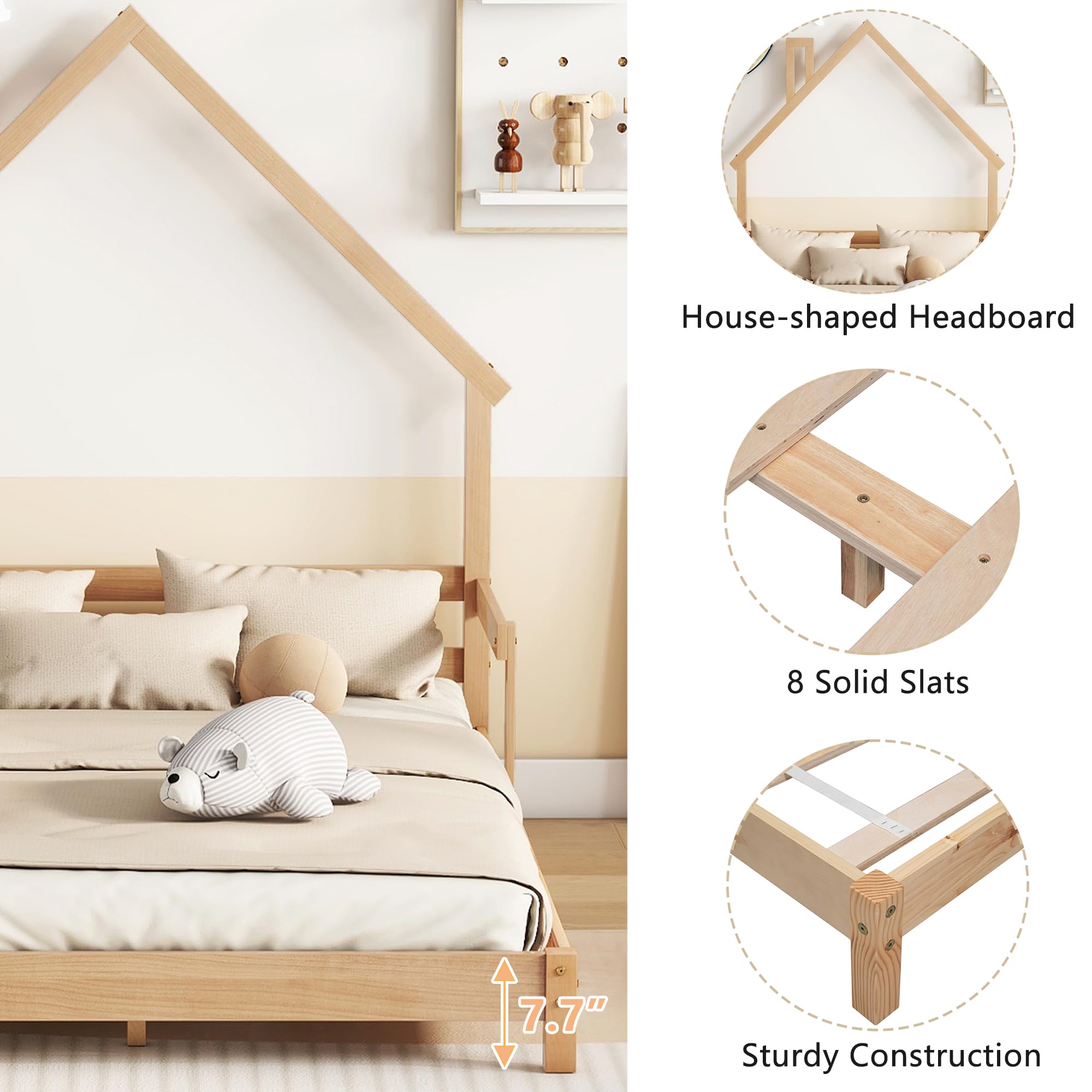 Full Size House-Shaped Kids Bed Frame with Handrails - Low Platform Bed for Boys & Girls, No Box Spring Needed (Natural) - Perfect for Bedrooms, Playrooms & Sleepovers