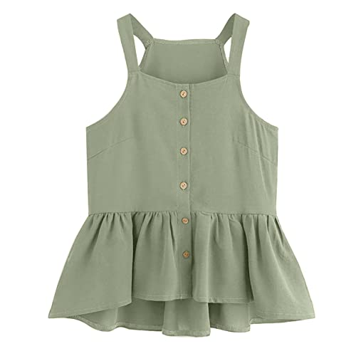 Women's Casual Solid Color Sleeveless Blouse with Pleated Ruffle Hem & Button Detail - Banded Tank Top (Green, Small) | Perfect for Summer Outfits, Office Wear & Casual Dates