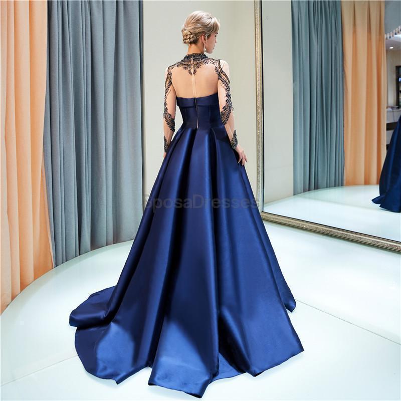 Elegant Navy Long Sleeve Beaded A-Line Prom Dress for Evening Parties & Formal Events - Perfect for Homecoming, Prom Night & Special Occasions