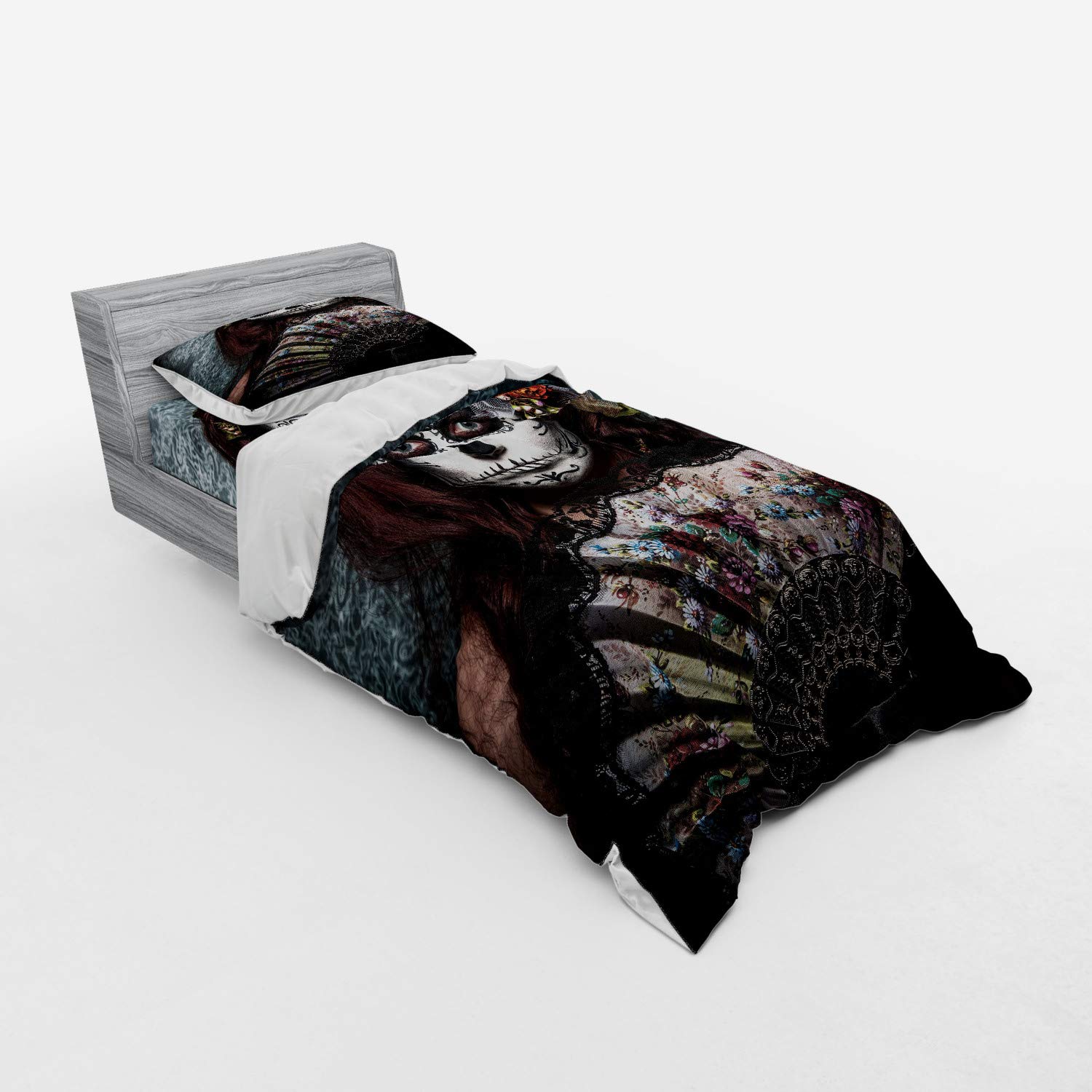 Ambesonne Day of The Dead Duvet Cover Set - Makeup Artist Girl Skull & Roses Gothic Artwork, 3-Piece Bedding Set with Pillow Sham & Fitted Sheet, Twin Size, Cadet Blue & Maroon - Perfect for Halloween Decor, Gothic Bedroom Theme & Mexican Folk Art Lovers