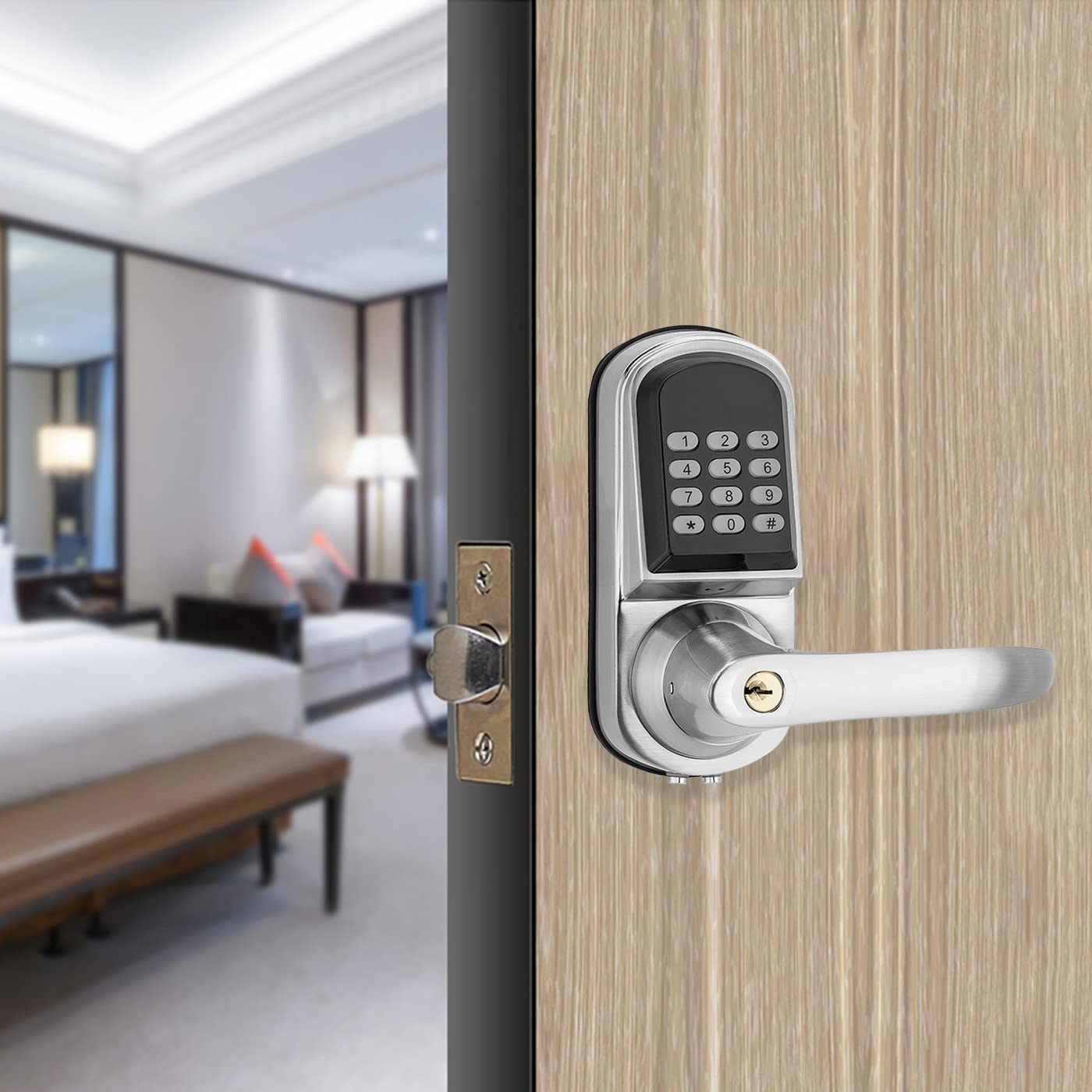 Smart Keypad Door Lock with Handle - Auto-Locking Digital Deadbolt for Front Doors | Keyless Entry with PIN Code & RFID FOB Cards | Right-Handed Satin Nickel Finish | Perfect for Home Security & Vacation Rentals