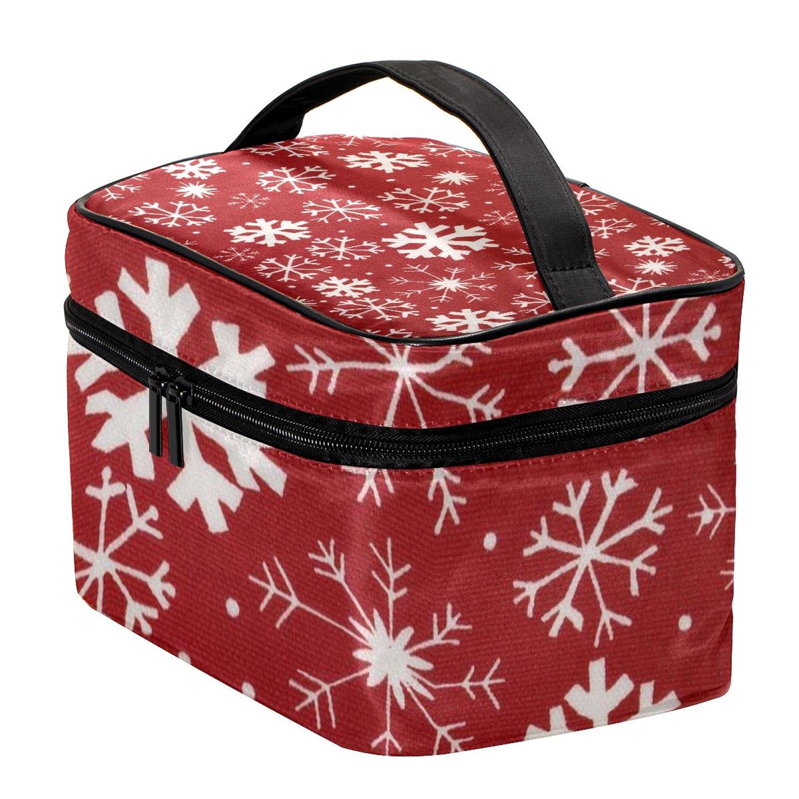 Red and White Snowflake Christmas Pattern Travel Makeup Bag - Large Cosmetic Organizer with Zipper for Women & Girls | Perfect for Holiday Travel, Gift Giving & Daily Toiletry Storage