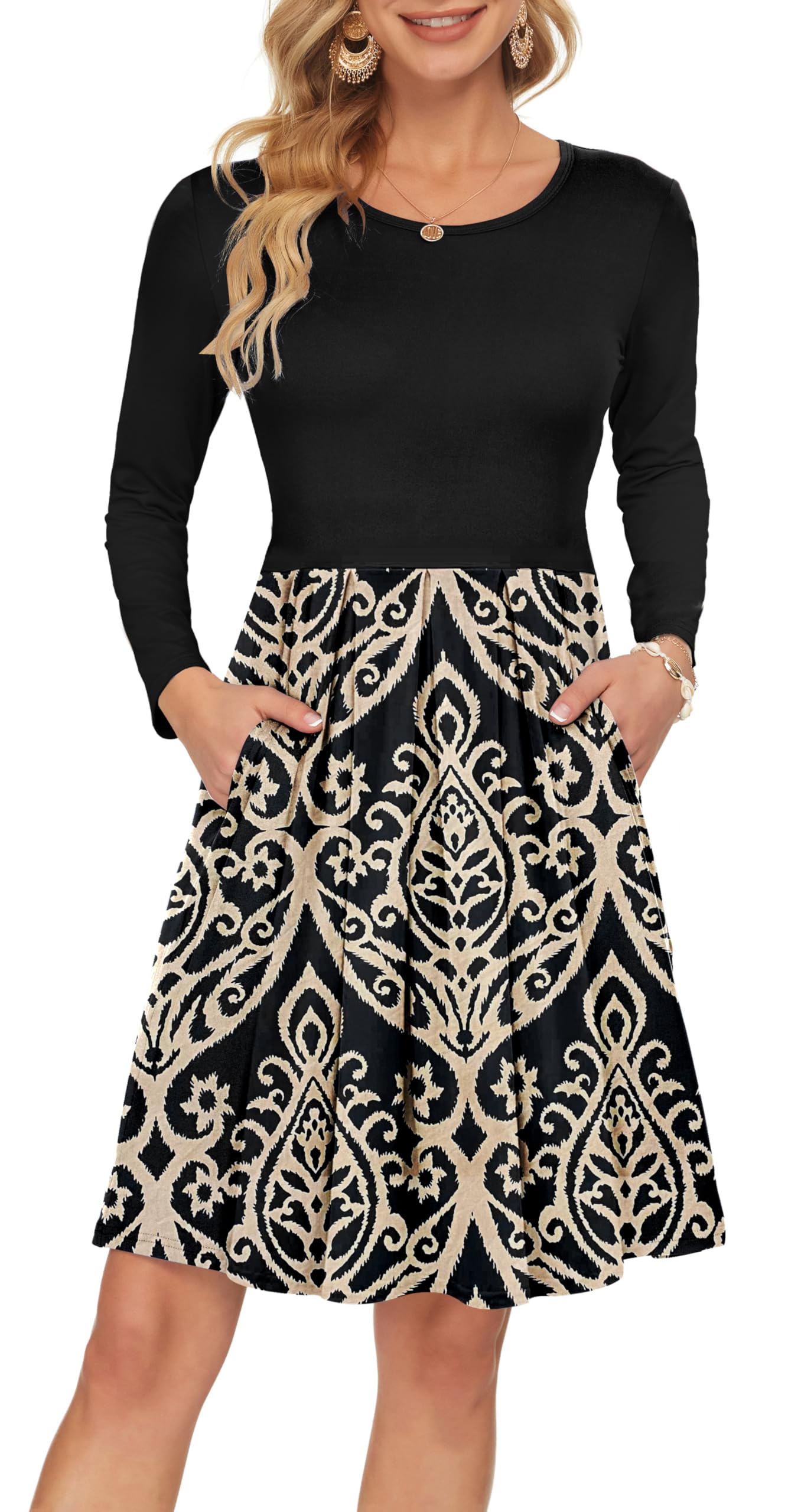 AUSELILY Women's Long Sleeve Pleated Swing Dress with Pockets - Knee Length Casual Loose Fit Dress for Everyday Wear | Perfect for Office, Date Night & Fall Outfits 2025 New