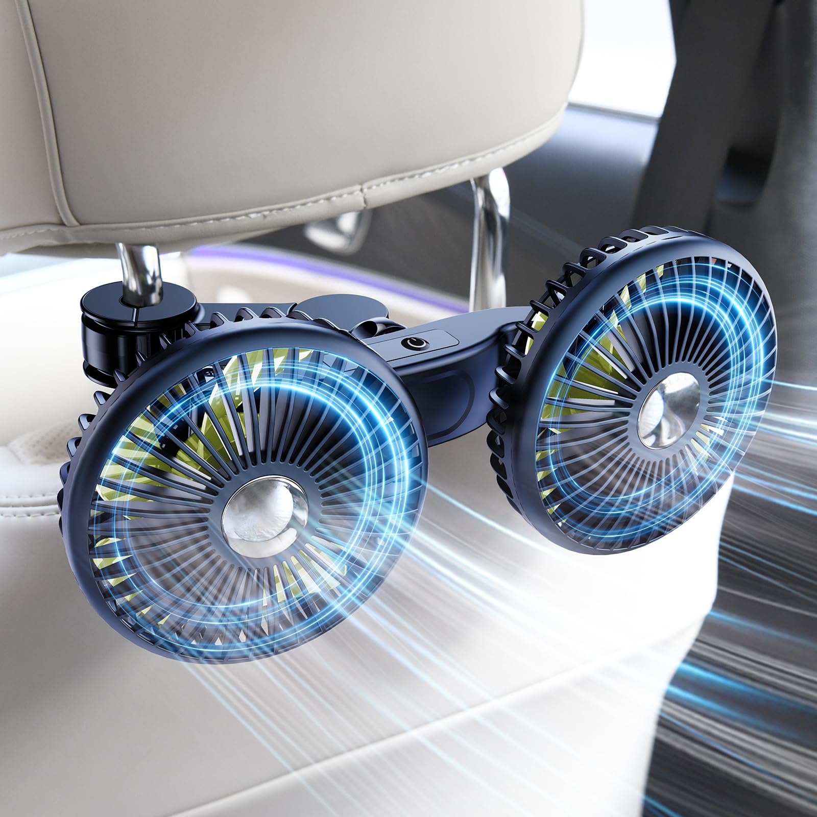 Dual Head USB Car Fan for Back Seat - Rechargeable 12V Cooler for Baby & Pets - SUV, Sedan, RV Use