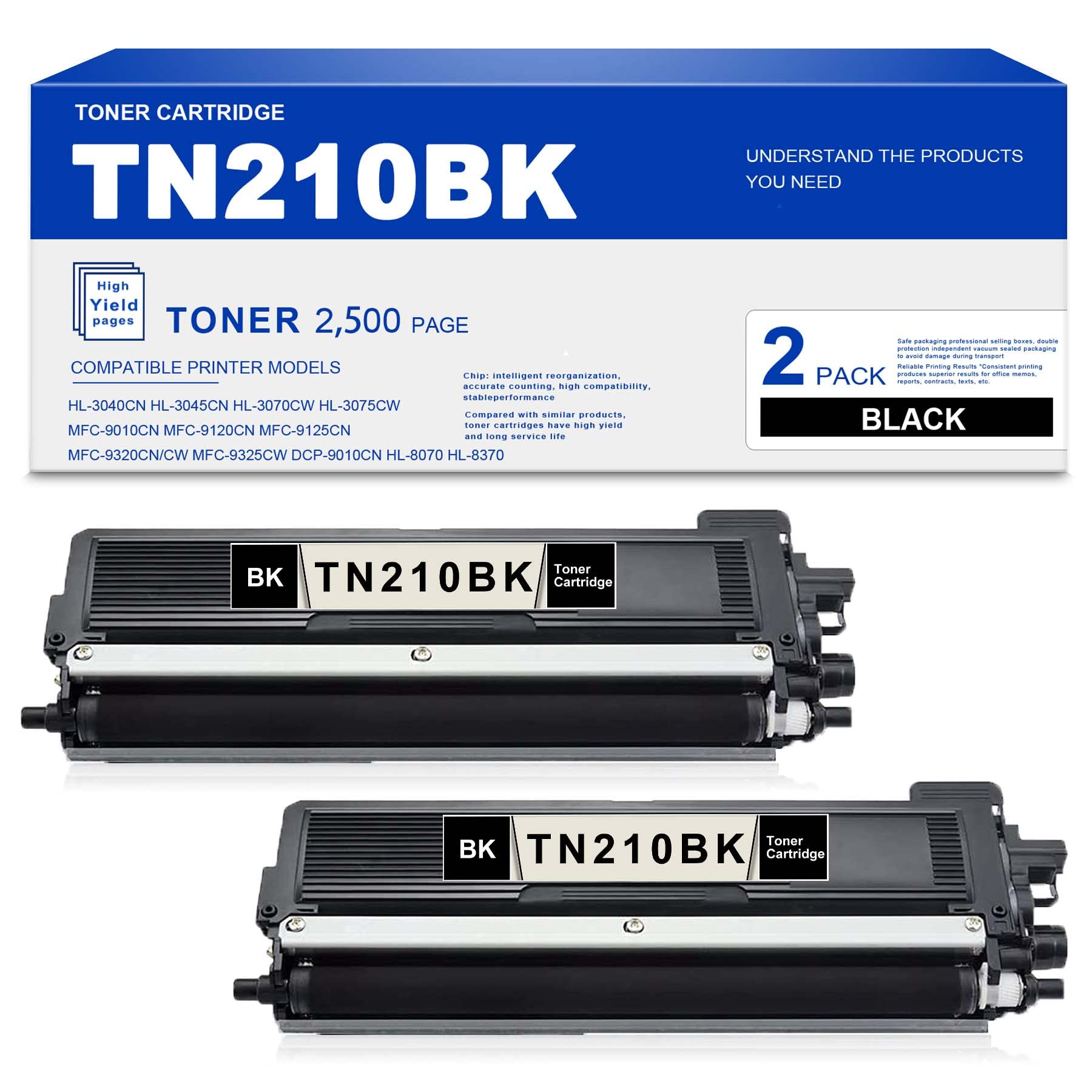 Brother TN210BK Compatible Toner Cartridge (2-Pack, Black) - Replacement for HL-3040CN, 3045CN, 3070CW, 3075CW, MFC-9010CN, 9120CN, 9125CN, 9320CN/CW, 9325CW, DCP-9010CN, HL-8070, 8370 Printers - High Yield Printing for Office & Home Use