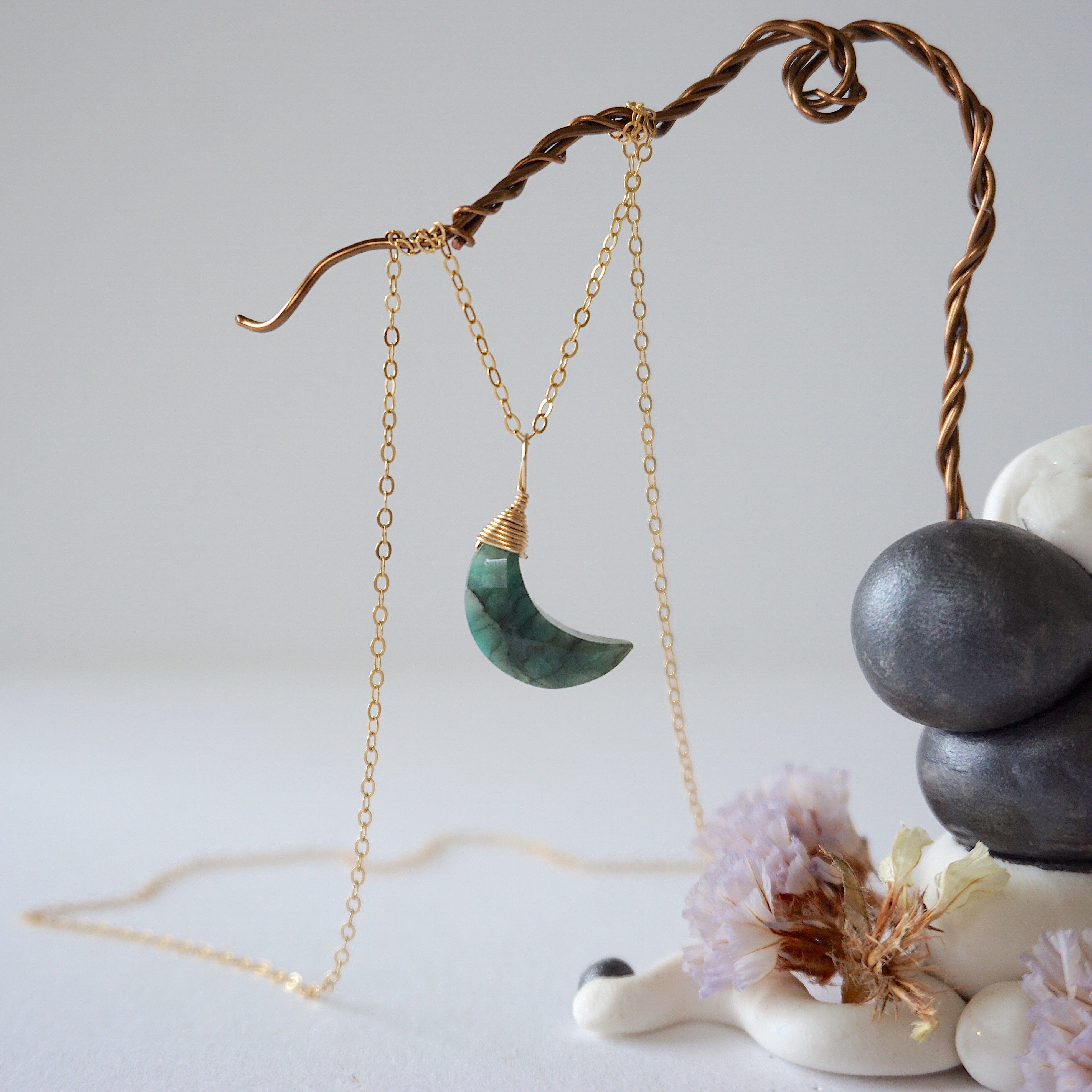14K Gold Filled Emerald Moon Charm Necklace for Women - Elegant Celestial Jewelry Gift for Birthday, Anniversary & Special Occasions
