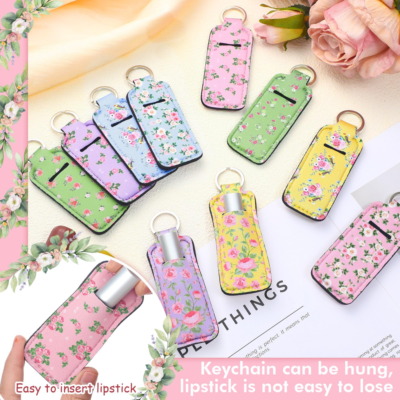 40 Pcs Floral Rose Lip Balm Holder Keychain Set with Clip - Portable Lipstick & Lip Gloss Sleeve Pouch - 10 Stylish Patterns for Gifts, Travel & Everyday Use