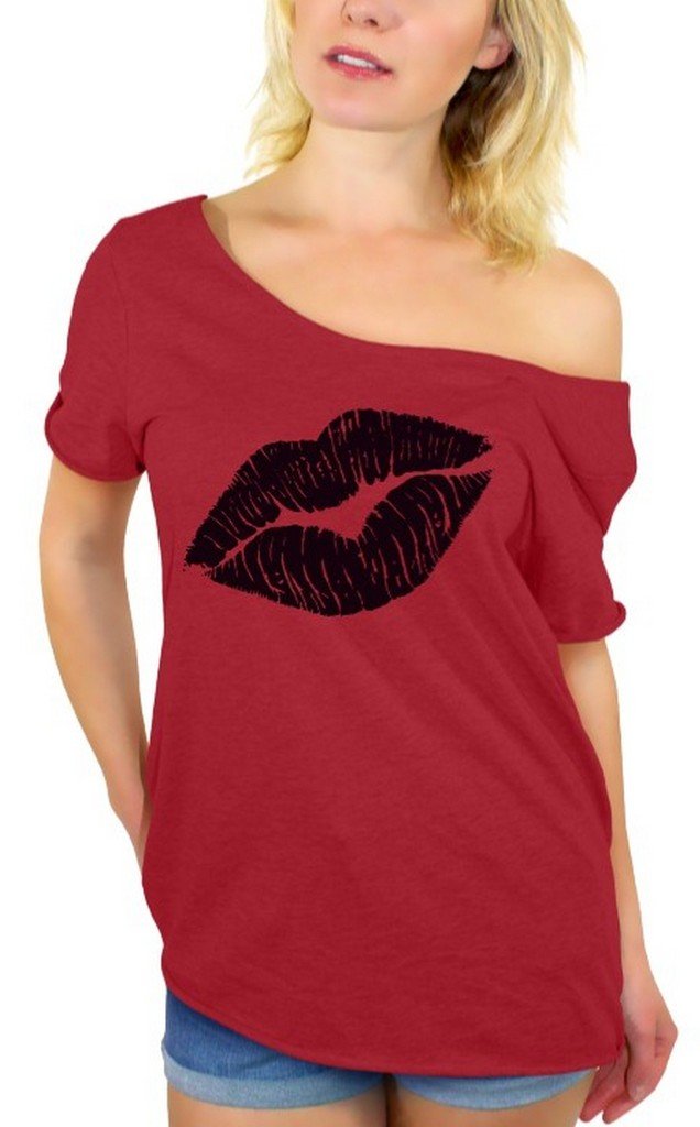 Awkwardstyles Women's Black Lips Print Off-Shoulder T-Shirt & Bookmark Set - Perfect for Casual Outfits, Date Nights and Gift Giving