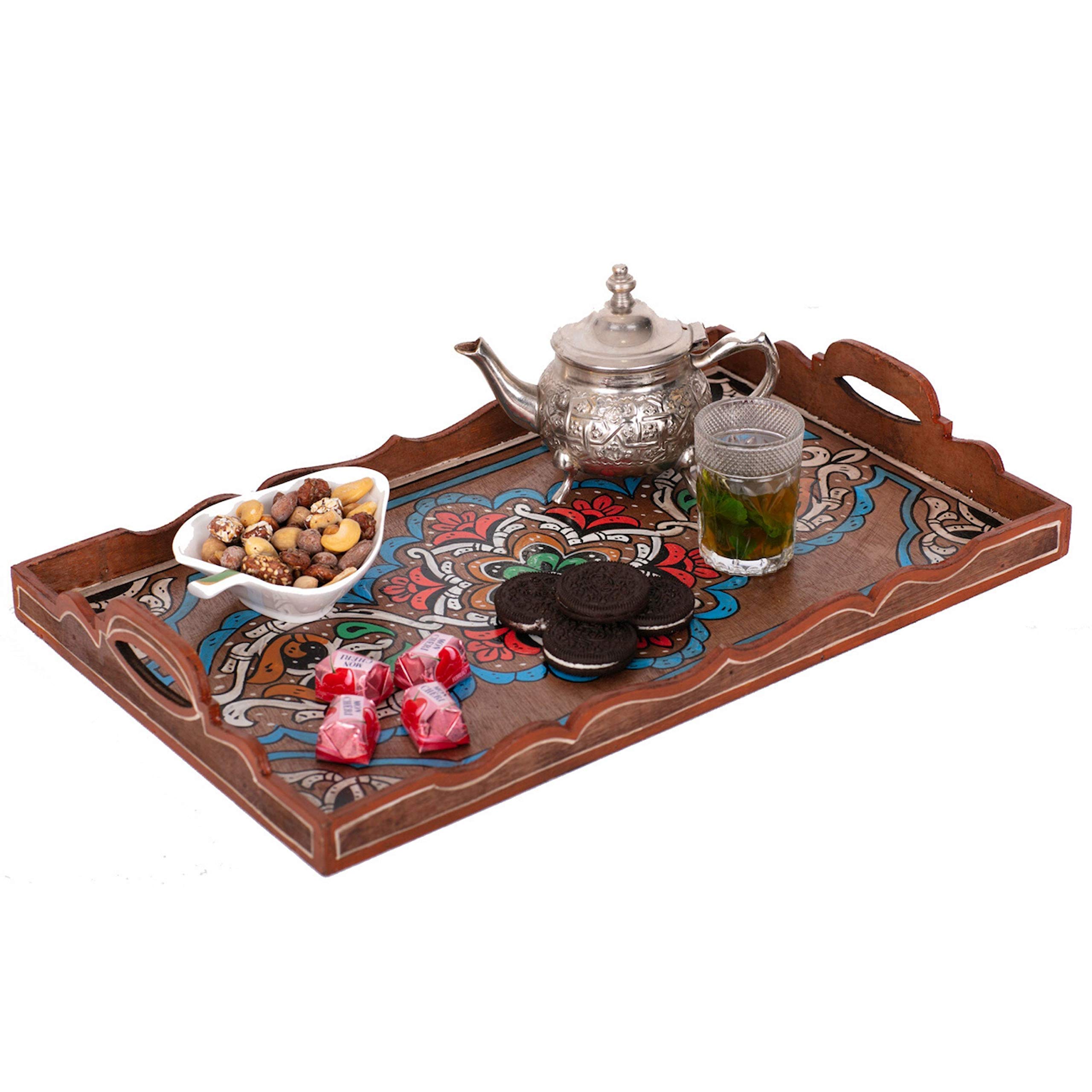 Hand Painted Moroccan Decorative Serving Tray - White Bohemian Arabesque Design with Waterproof Acrylic Painting (Wood Color) - Perfect for Home Decor, Coffee Table Centerpiece, and Gift Giving