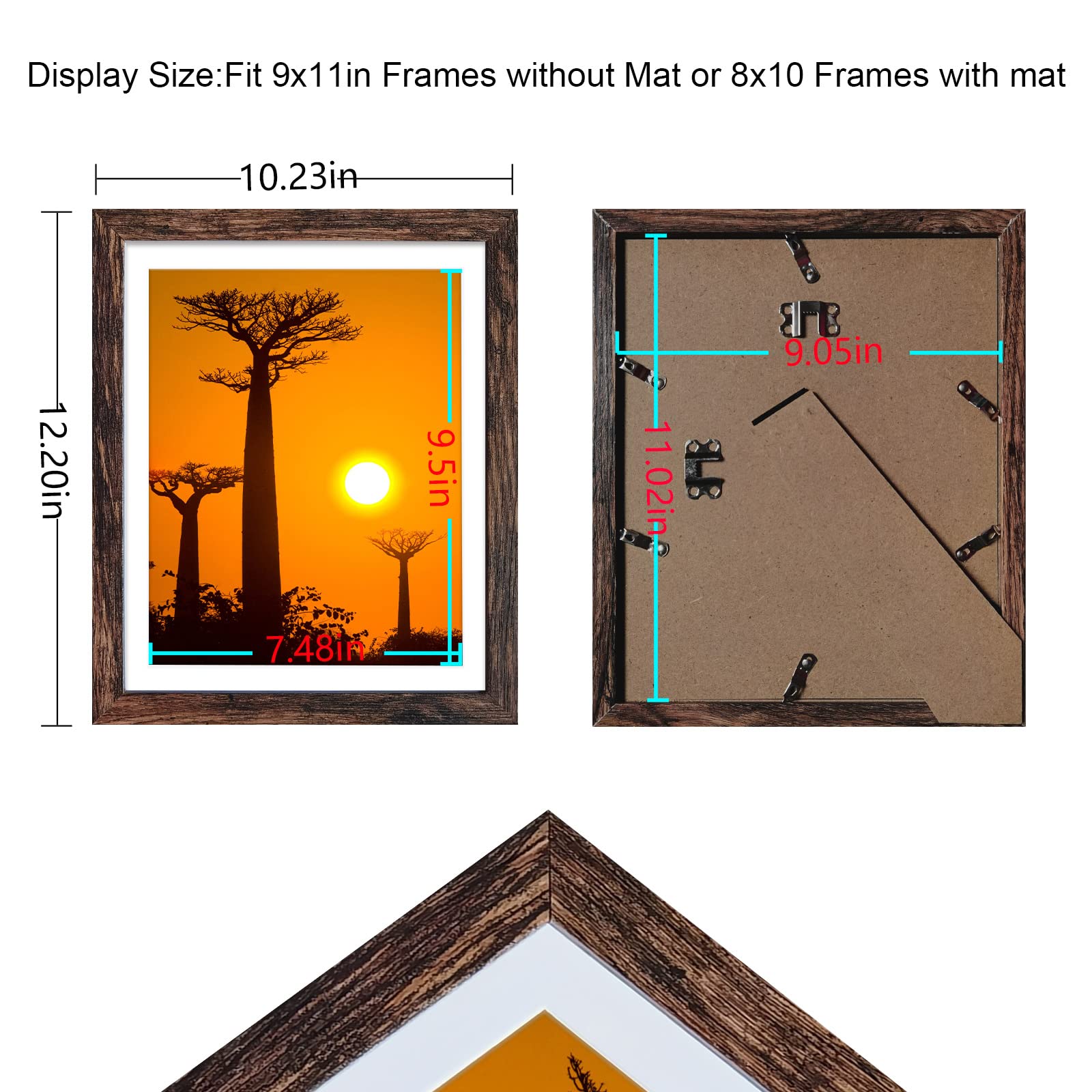 8x10 Picture Frames 4 Pack - Rustic Brown Wood Photo Frames with Mat for Wall Display, Home Decor, Office & Gift Giving