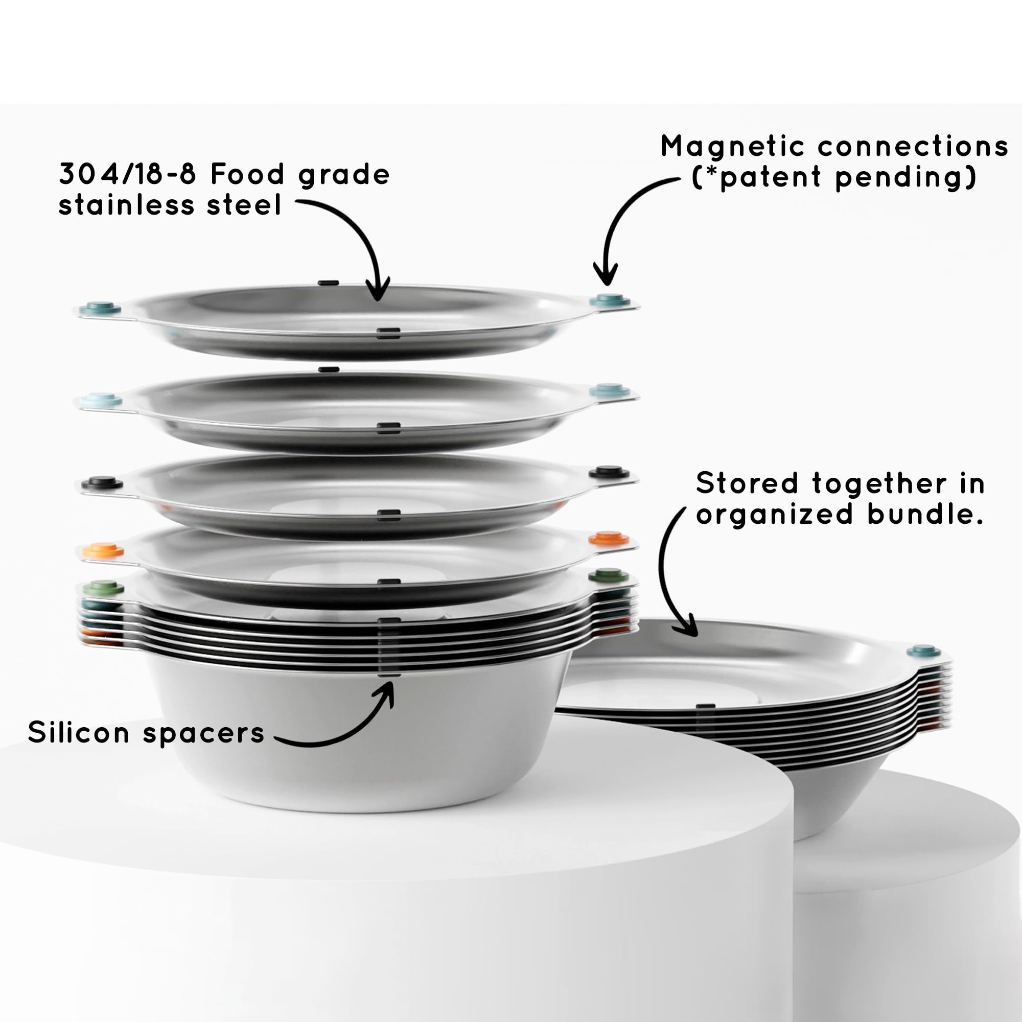 MAGWARE Magnetic Bowls and Plates Set - Stainless Steel Travel Dinnerware for Camping, Backpacking, Picnics - Portable Reusable Camping Mess Kit - Perfect for Outdoor Adventures, RV Trips, and Beach Dining